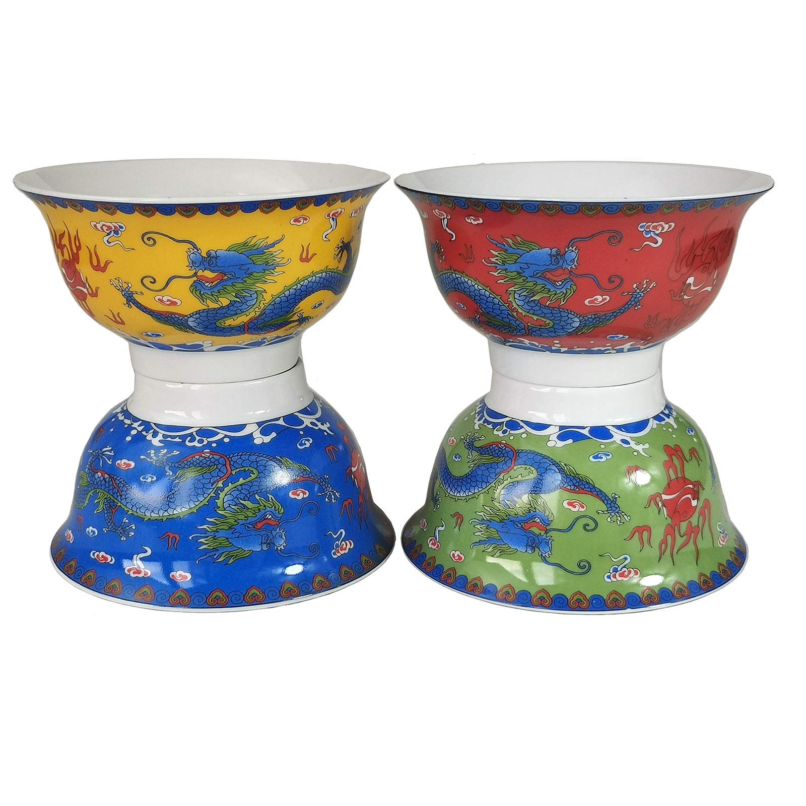 liang baobaoPorcelain Bowl 9oz Chinese National Two Dragons Play with a Pearl Set of 4 (4 color)