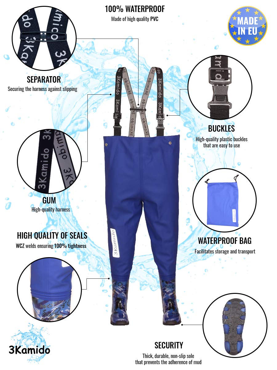 Enfant Cuissardes de pêche Jeunesse - 10 modèles, Taille Ajustable, Bretelles durables, Boucle FixLock Nexus, Enfants Waders, Bottes de pêche, Poitrine échassiers, 20-35 EU