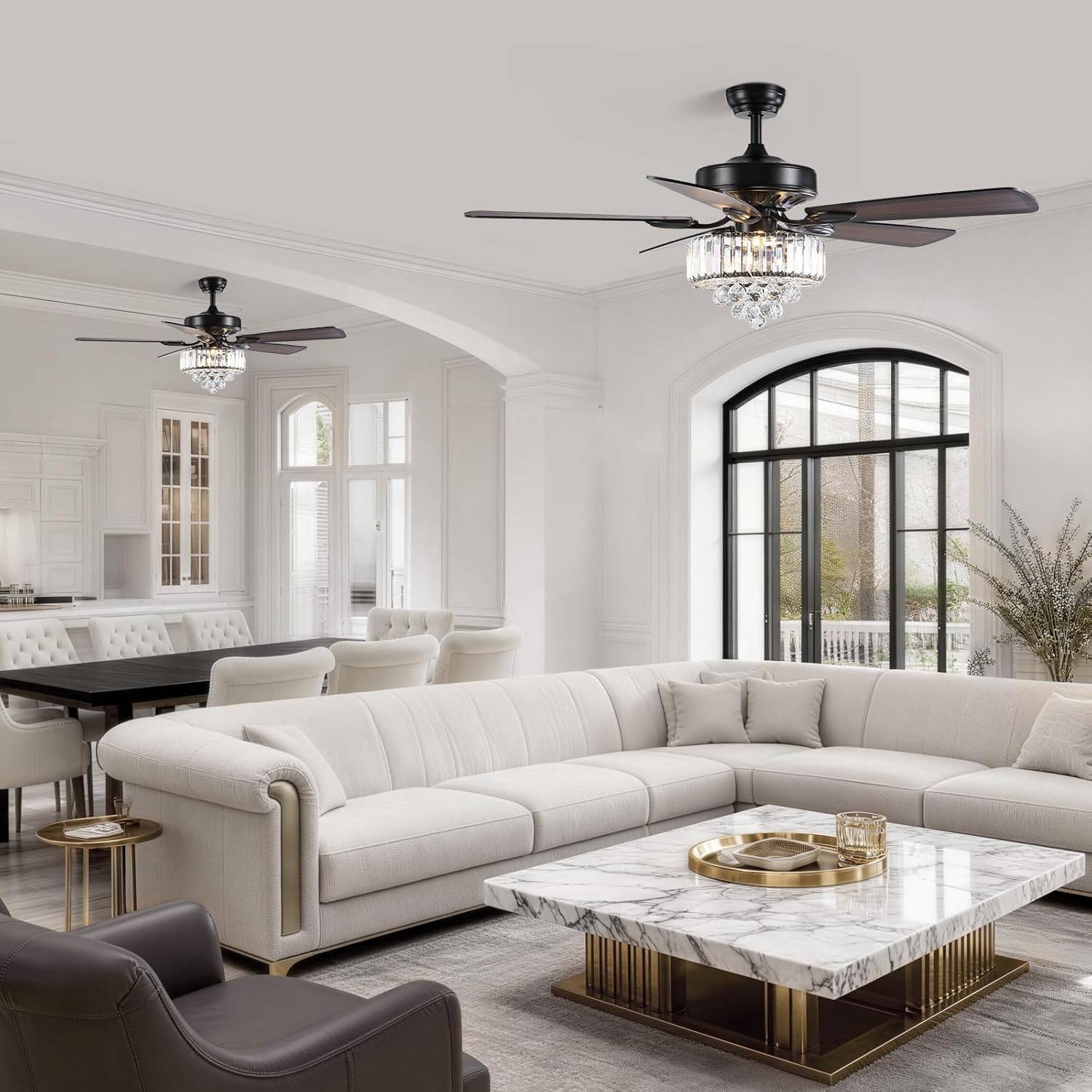 52 Inch Crystal Ceiling Fan with Lights and Remote Modern Black Chandelier Fan for Bedroom 5 Reversible Wood Blades Silent DC Motor Fandelier Ceiling Fans for Living Room Dining Room