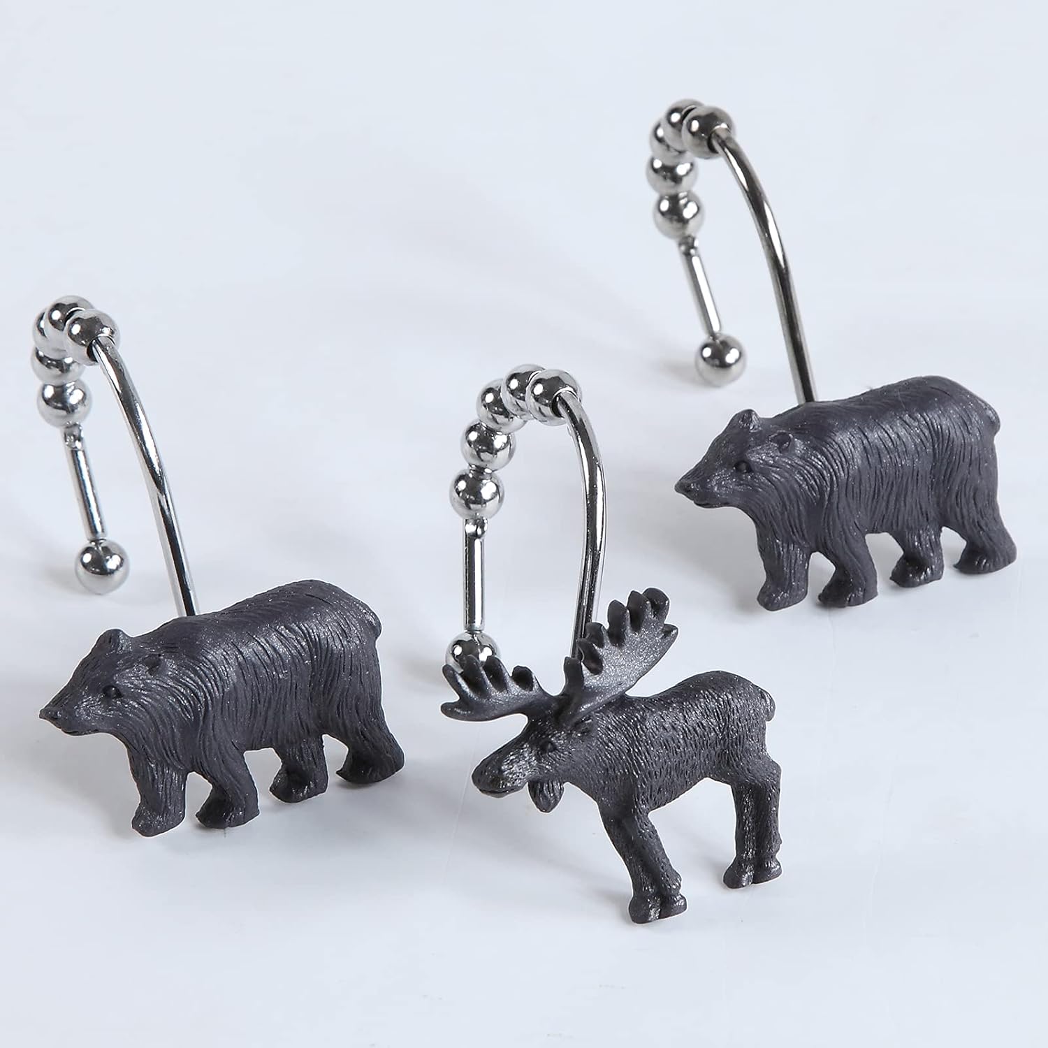 Shower Curtain Hooks Rings, Rustproof Stainless Steel Black Bear Deer Shower Curtain Hooks for Bathroom Shower Rods Curtains - Set of 12