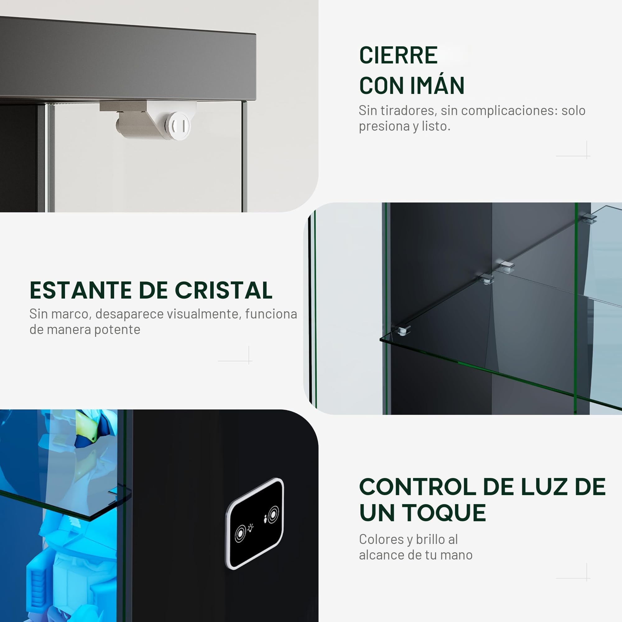 Lvifur Vitrina de cristal con iluminación LED y cajones, vertical con sensor inteligente, de madera de vidrio de 3 capas para coleccionables, vino, salón, dormitorio