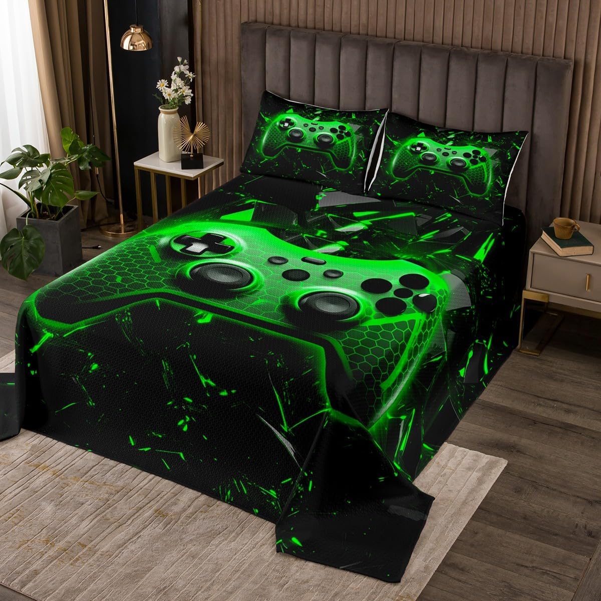 Castle Fairy Video Games Bedspread Kids Twin Size,Gamepad Bedding Set 2Pcs,Teens Boys Game Room Decor,3D Geometric Honeycomb Comforter Set Modern Gamer Green Black Quilt Coverlet,1 Pillowcase