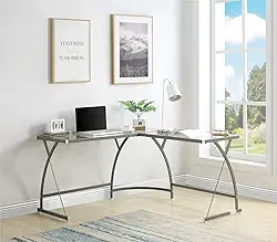 Escrivaninha de vidro em forma de L, mesa de console de escritório doméstico com moldura de metal, mesa de estudo, mesa de computador, penteadeira de maquiagem, estação de trabalho para pequenos