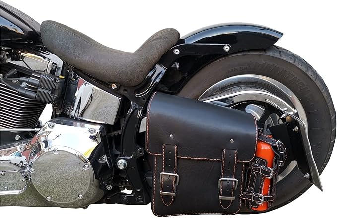 ORLETANOS Diablo Silver Swing Bag Compatible with Harley Davidson Softail Heritage StarFrame Fatbob from 2018 Fatbob Silver Stitching Black Genuine Leather Bottle Holder