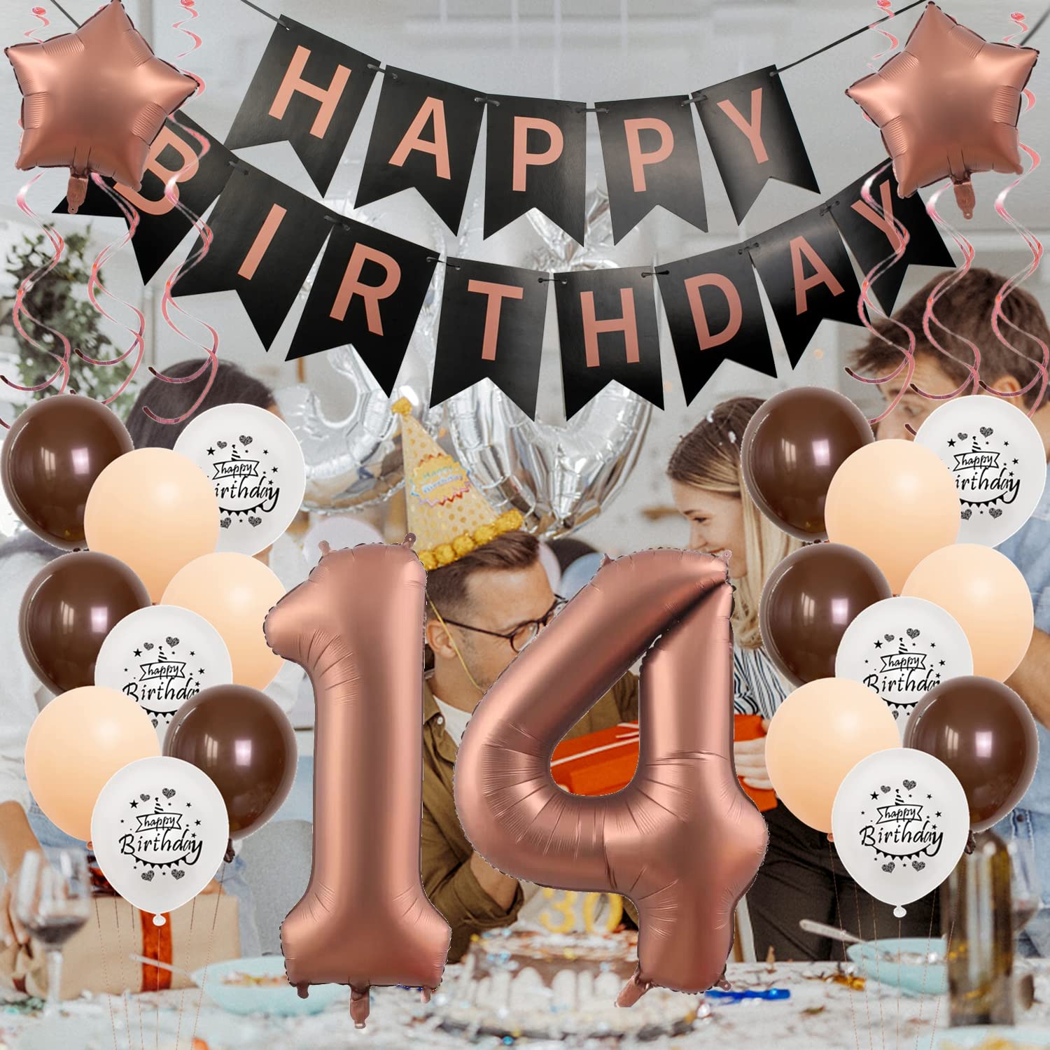 14. Geburtstag Deko Set Schwarz-Silber – Inkl. 32" Zahl „14“, Girlande, Ballons & Tortendeko Für Mädchen/Jungen