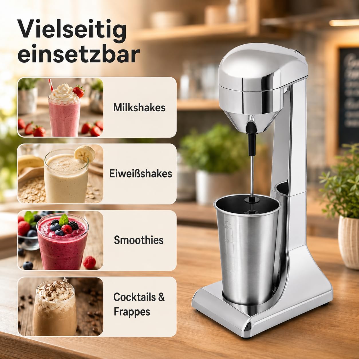Frappe Mixer, Eiweiß Shaker Elektrisch mit 2 Geschwindigkeitsstufen Standmixer mit 1 Becher, Edelstahl Milchshake Mixer für cremige Milkshakes, Eiweißshakes, Cocktails, Frappes oder Smoothies