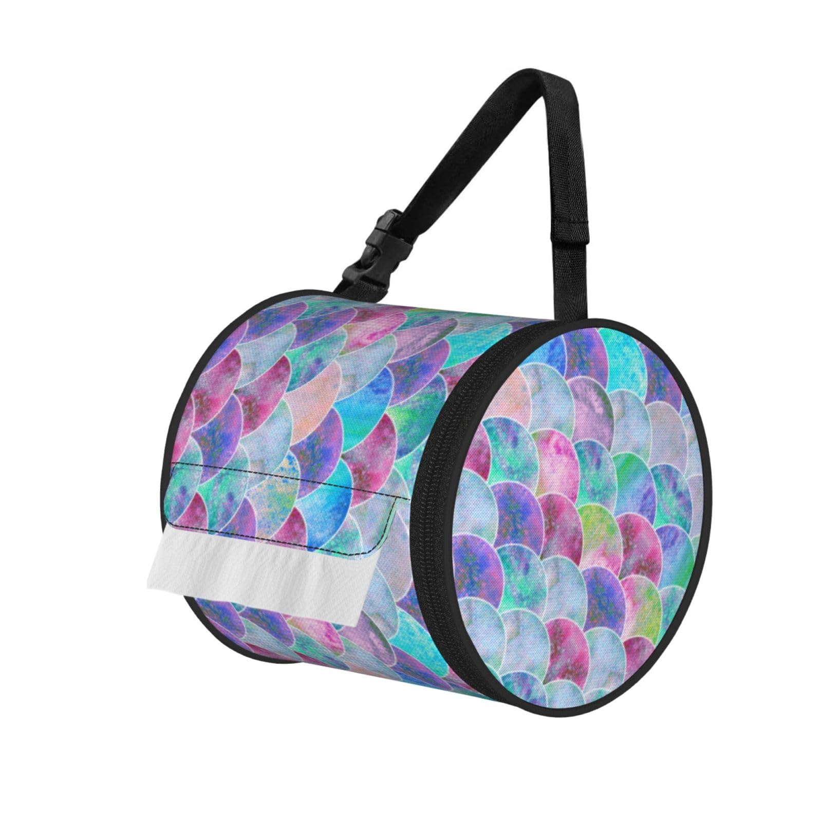 Fish Scale Ocean Print Round Paper Tissue Holder With Shoulder Strap, Portable Roll Case For Caravan Travel Use