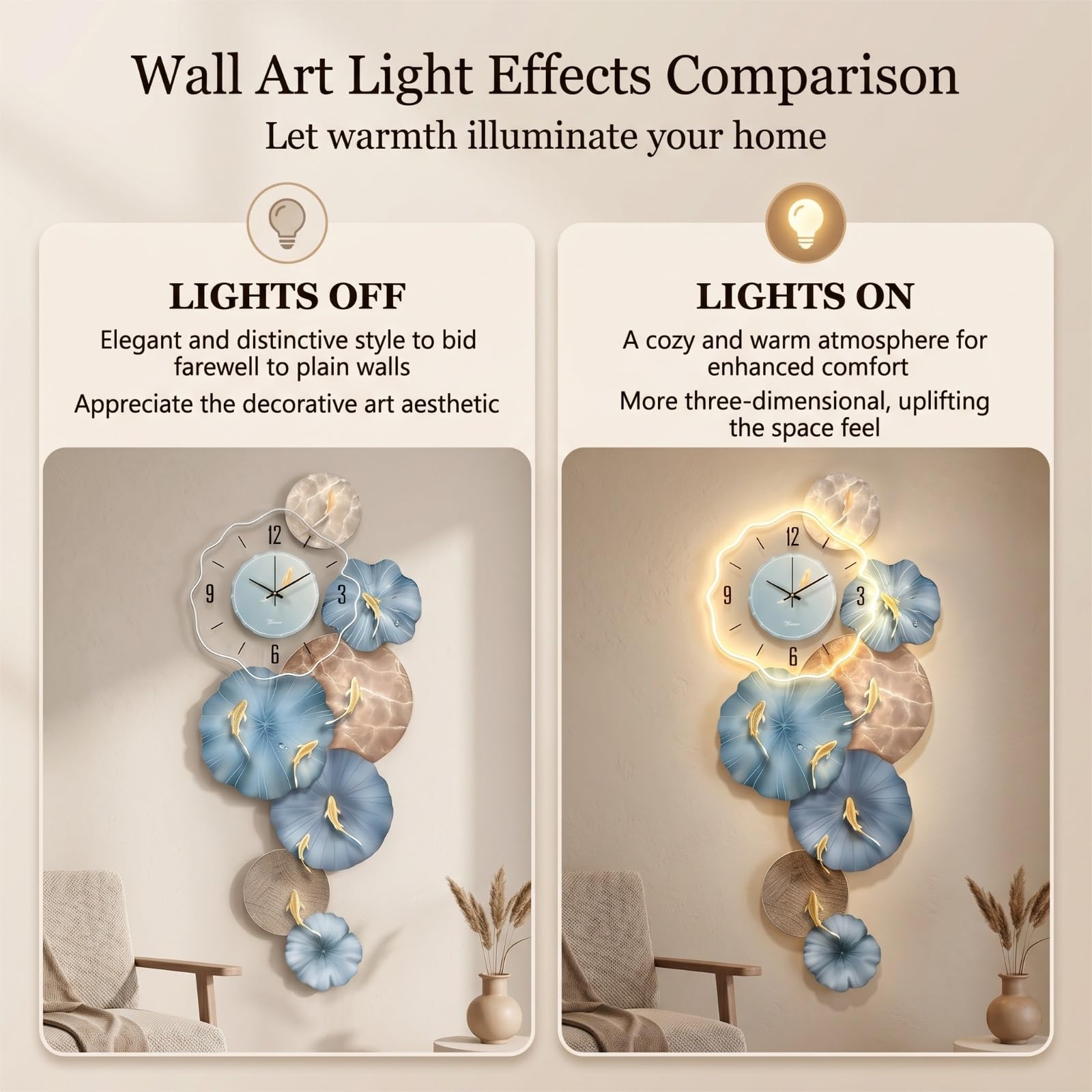 Crystal Porcelain Dekoracyjny Zegar Ścienny z Światłem 3D Wall Art Clock Decor Acrylic Crystal Porcelain Craft Mural Rzeźba Obraz Salon Sypialnia Biuro Korytarz(B,40 * 80CM)