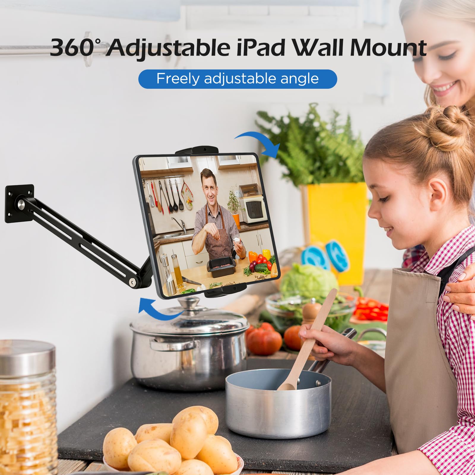 VINATO Supporto Tablet Muro Regolabile a 360° Allungabile in Alluminio Pieghevole per iPad Telefoni 4,7"-13" Nero