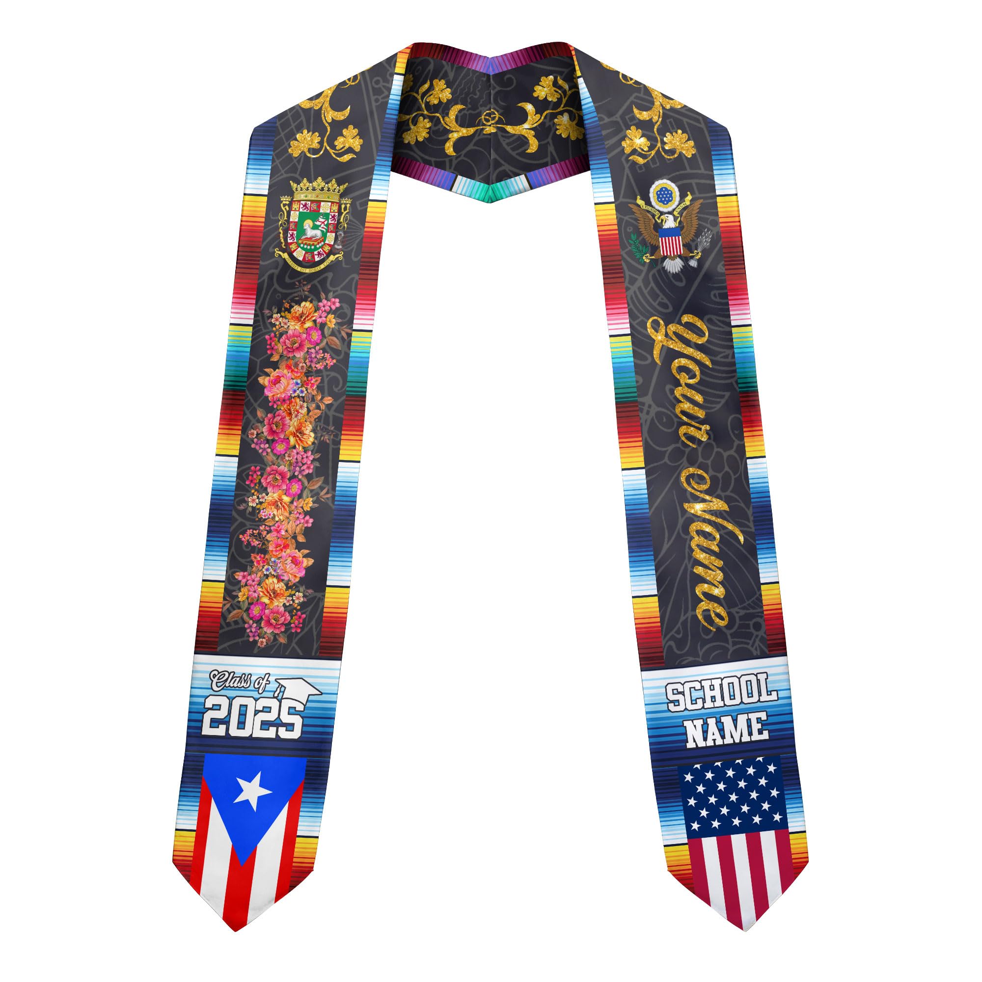 MonkeyVan Custom Puerto Rican Graduation Stole, Puerto Rico Graduation Sash, Puerto Rico American Flag Grad Sash Class Of 2025 Pr 15