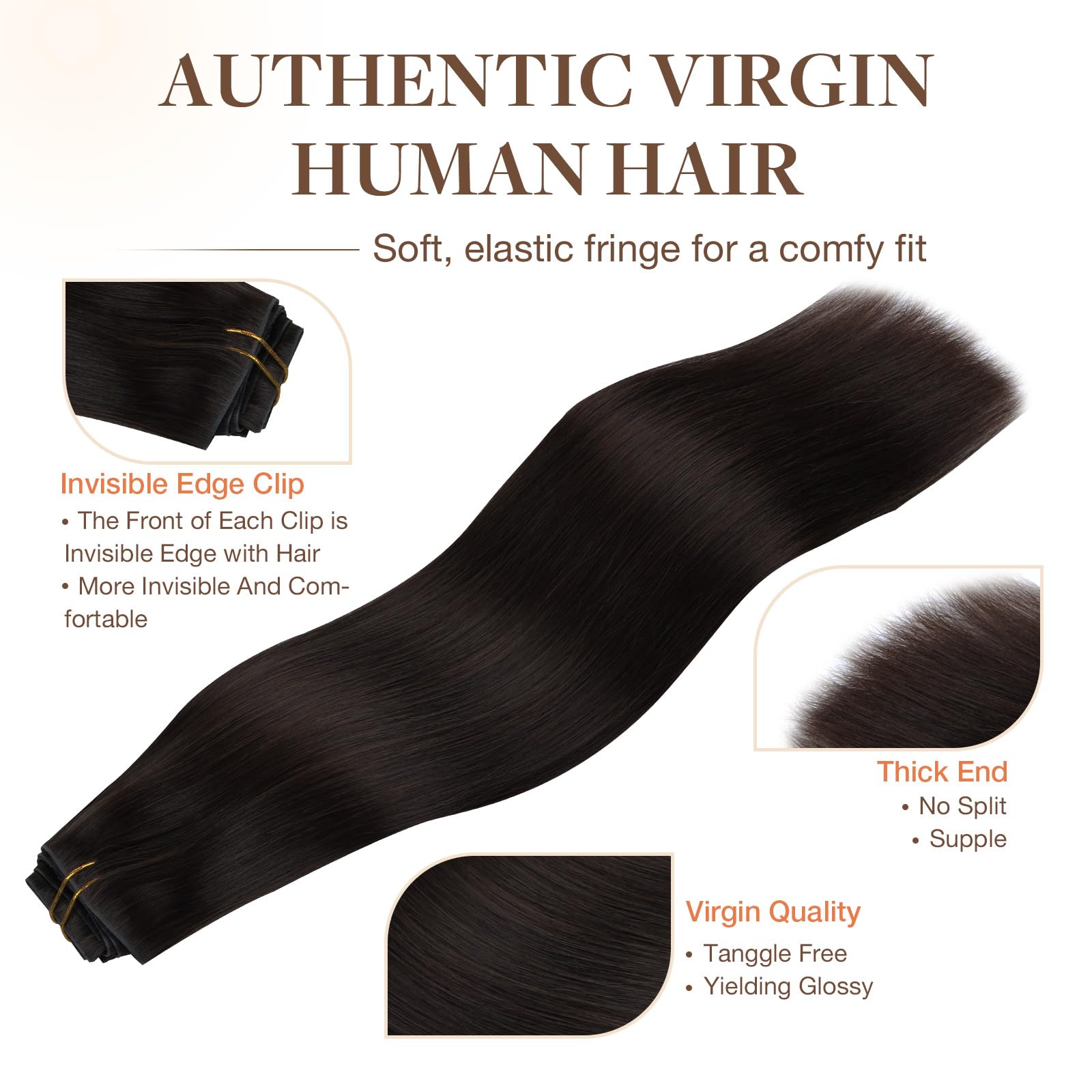 GOO GOO Invisi Edge Clip in Hair Extensions 18inch 130g 7Pcs Injected Seamless PU Clip in Hair Extensions, Virgin Real Human Hair, 2 Dark Brown — view 5