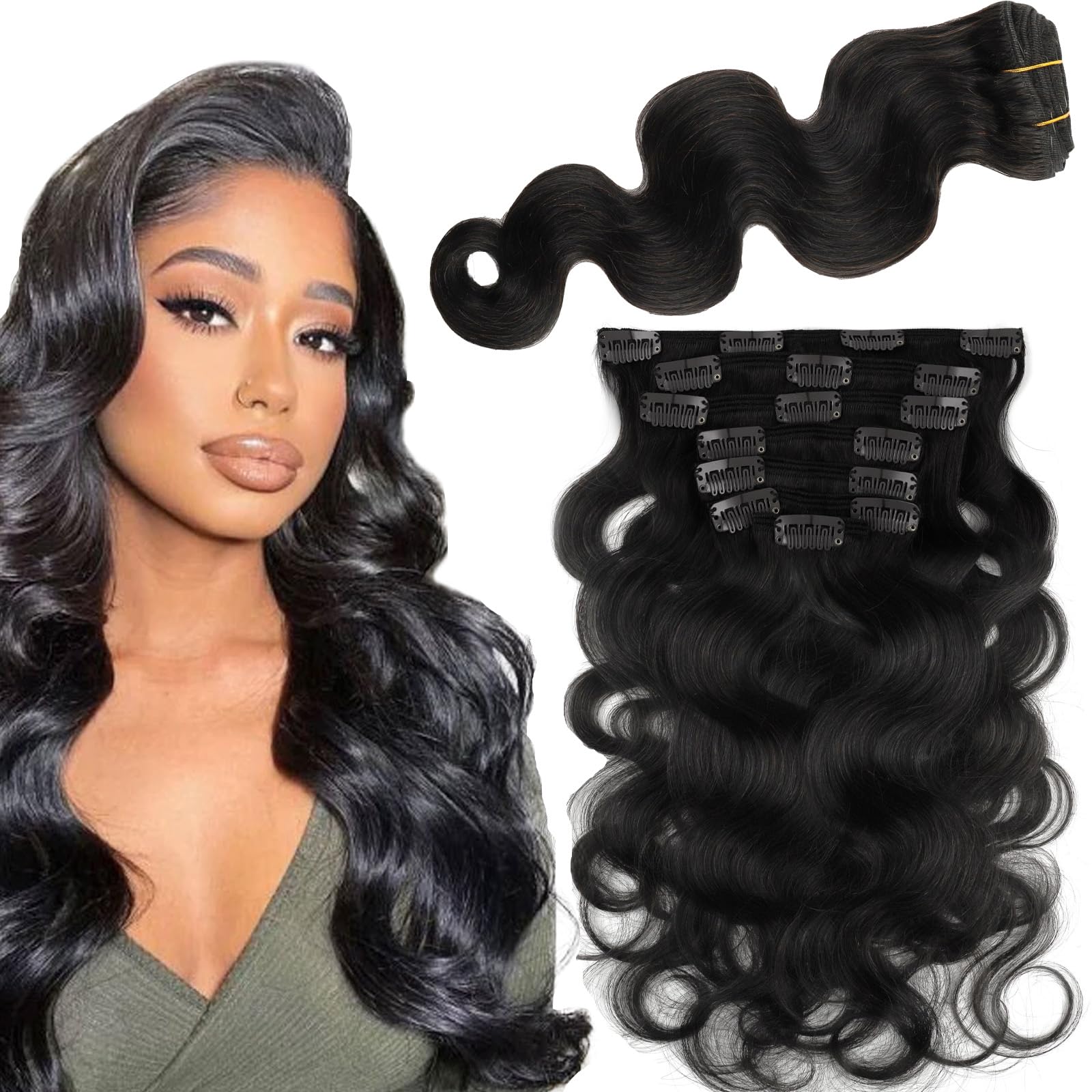 Sassina Body Wave Clip in Extensions Human Hair Double Weft Clip in Human Hair Extensions Full Head Natural Black Brazilian Clip Remy Thick Hair