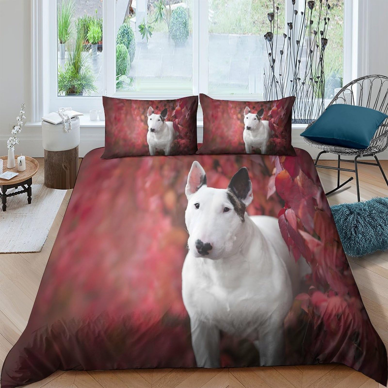 Ctjqhvkz Style-1 3D Printed White Bull Terrier Fitted Sheet Microfiber Red Autumn Leaves Bed Cover Non Slip For Bedroom Dorm Decor Single（135X200cm）