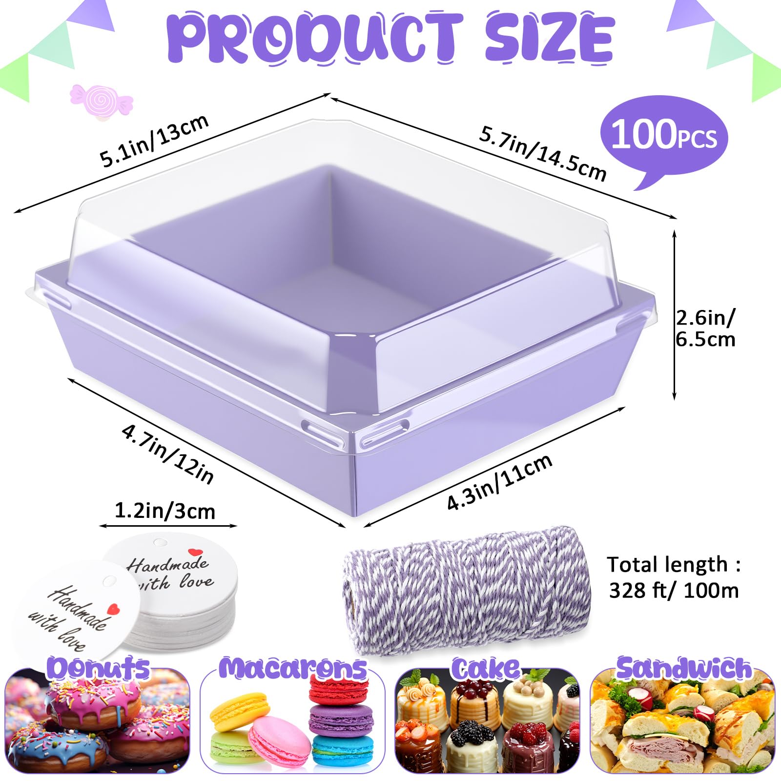 Outus Confezione da 100 scatole per salumi con coperchio trasparente, contenitori in carta per alimenti, da asporto, con etichette regalo, per dessert, torte, panini, fragole (viola, piccole)