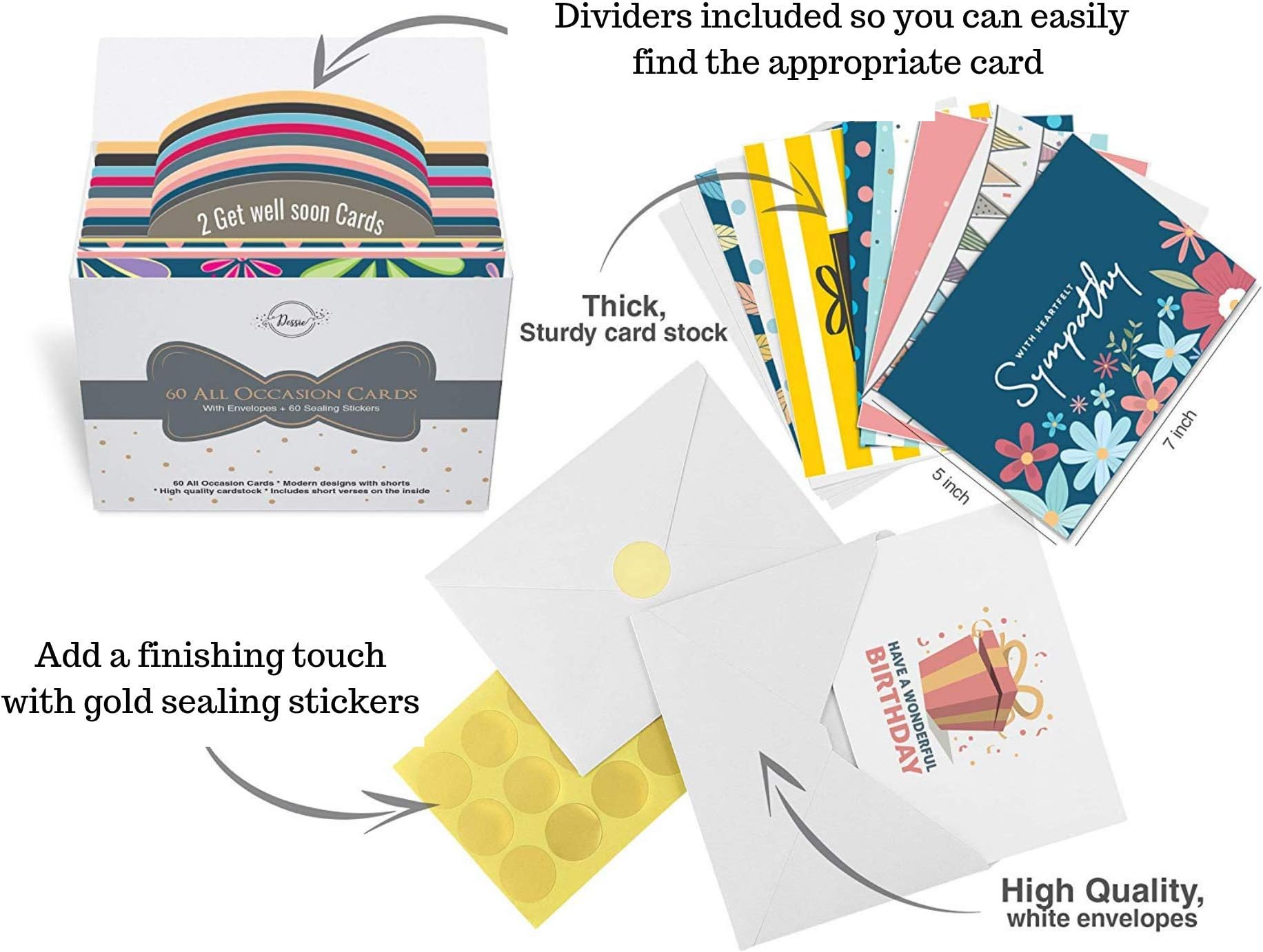 Dessie Greeting Cards Assortment - 60 Unique Assorted Cards for All Occasions w/Greetings Inside and Card Organizer. Birthday, Thank You, Sympathy, Baby, Wedding and More. Envelopes and Gold Seals