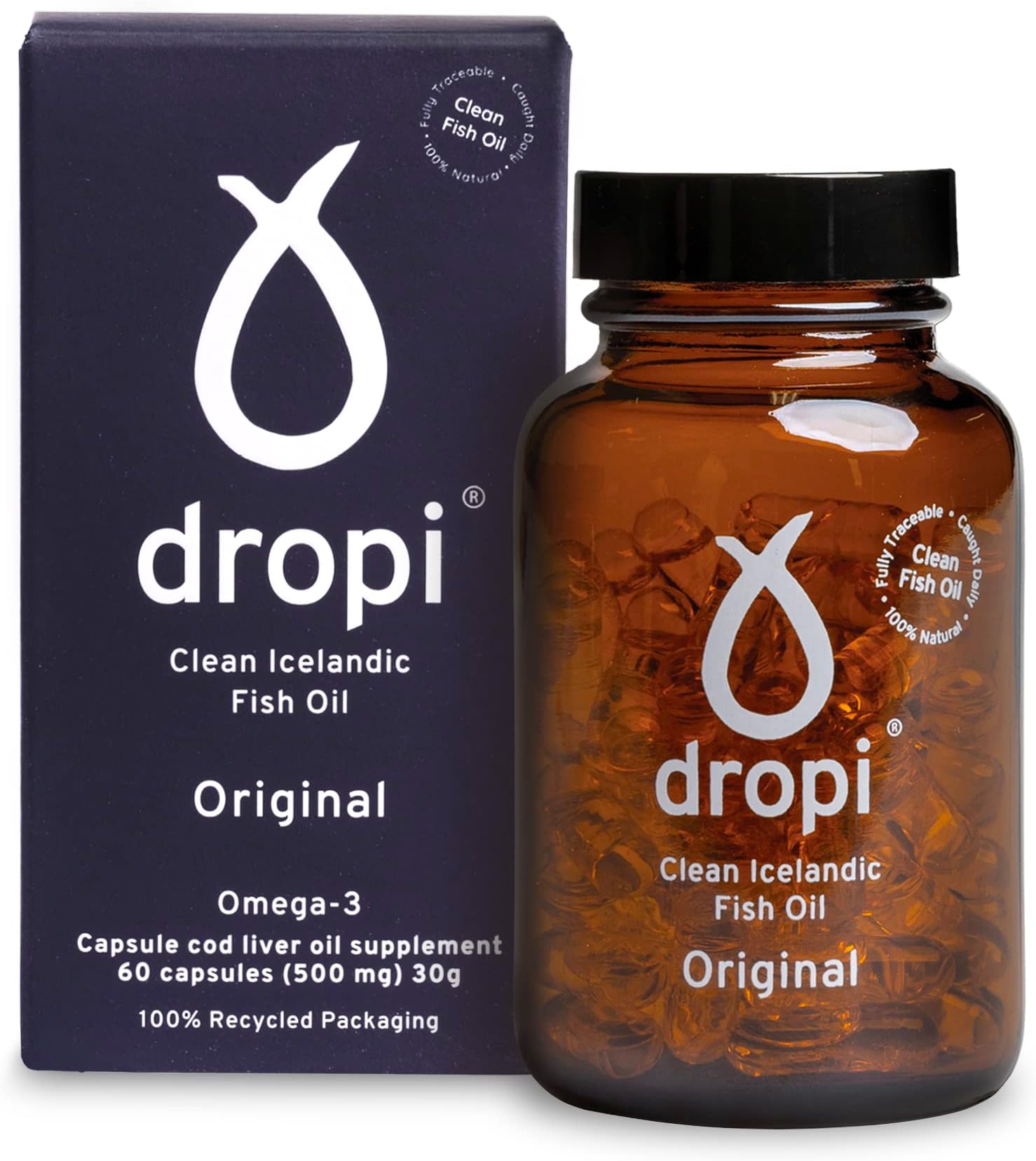 Dropi Icelandic Fish Oil - Extra Virgin Cod Liver Oil (EVCLO) - Natural Source of Vitamin A & D3 - Cold-Processed, Traceable & Pure from the Westfjords Pristine Atlantic Fishing Grounds (60 x 500mg)