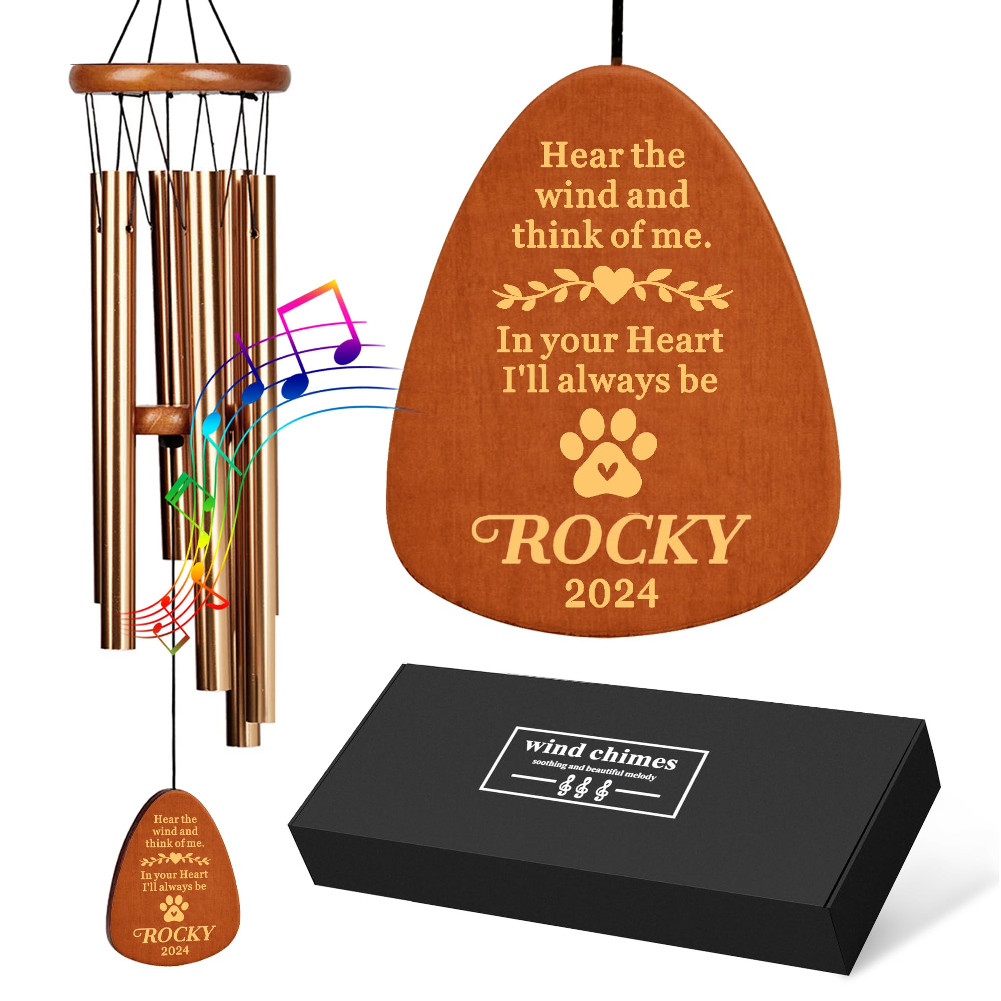 Personalised Dog Memorial Wind Chimes 25.5Inch, Dog Pet Memorial Gifts, Wind Chimes for Garden, Pet Bereavement Gift for Loss of Dog(Design 2, Champagne Gold)