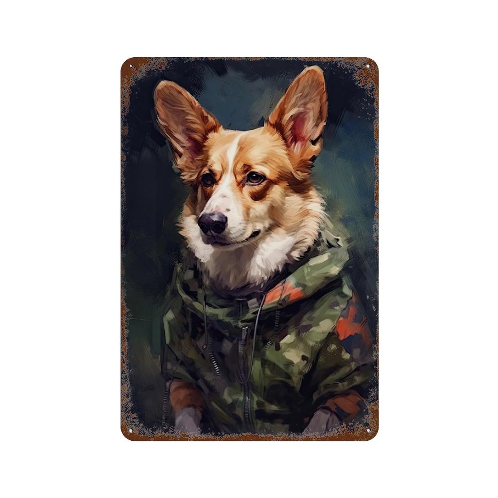 Rust Effect Corgi Camo Jacket Rustic Tin Plaque 11.8"x7.9", Shabby Chic Decor for Basement, Hobby Room And Garage Decor