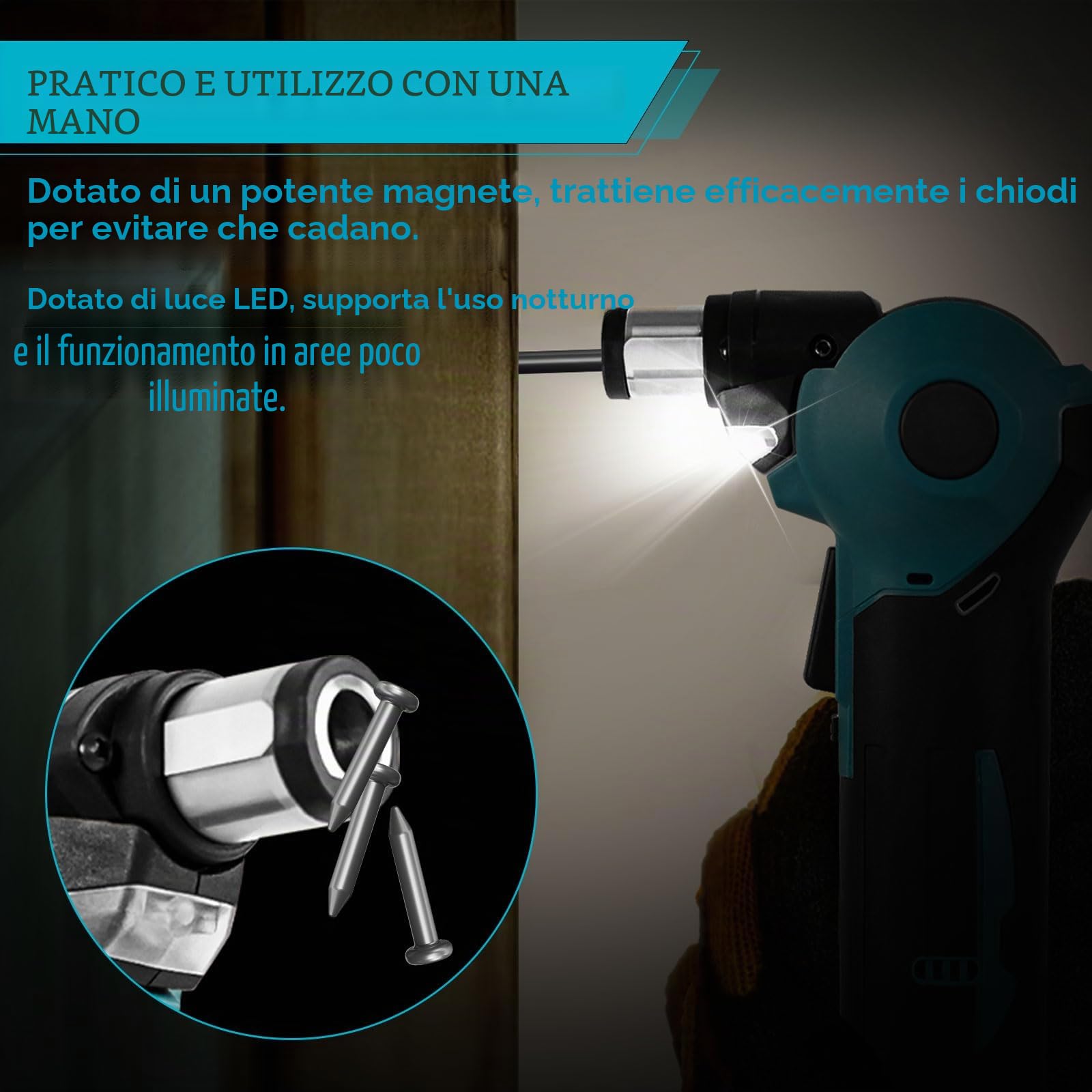 Martello elettrico senza fili per batteria Makita 18V, martello per chiodi elettrico con testa regolabile a 3 posizioni, mandrino magnetico per forare in legno e metalli morbidi (senza batteria)