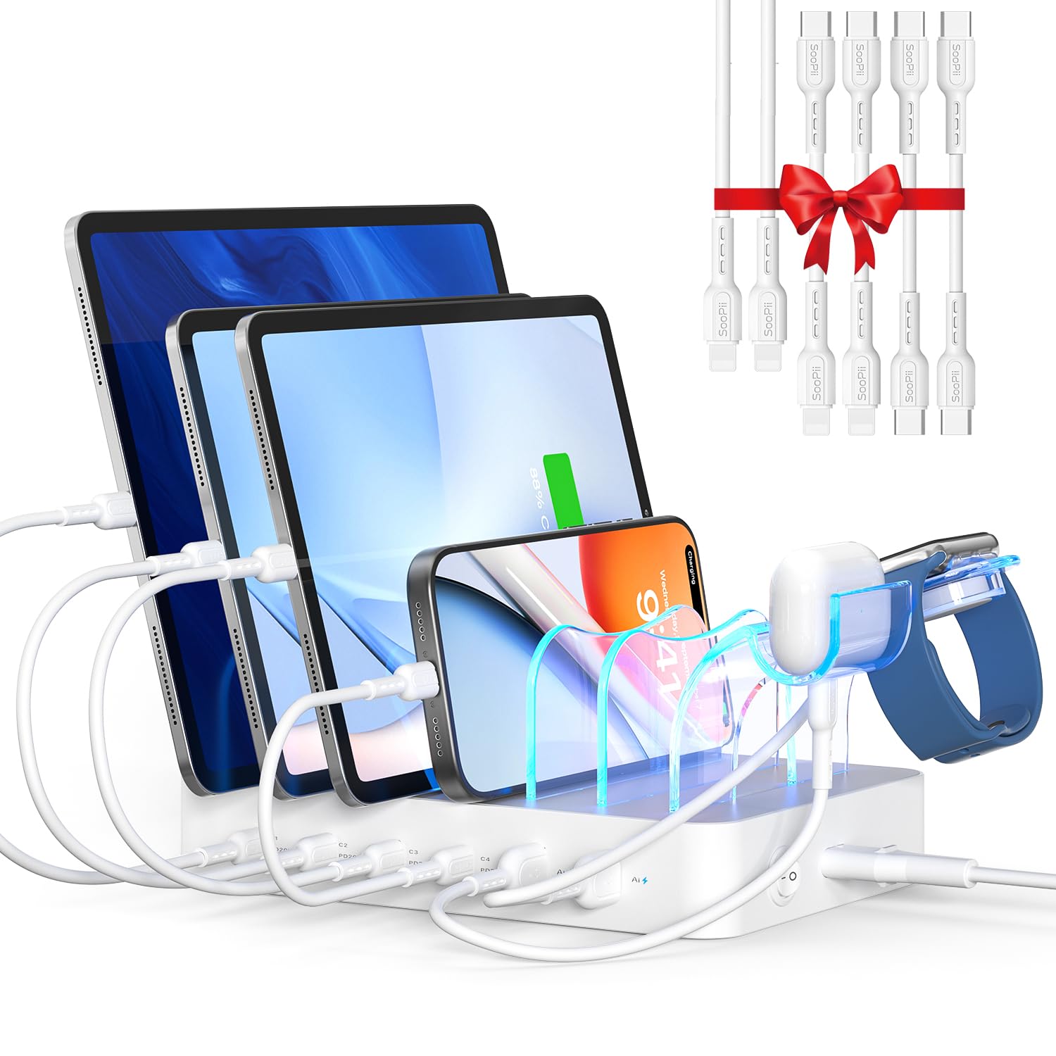 SooPii 90W USB C Ladestation für mehrere Geräte mit 6 Nylon Kurzen Kabels | 6-Port Multi Ladestationen mit PD 20W Ladedock für lPhone, Galaxy, iPad, Tablet und weitere elektronische Geräte,Weiß