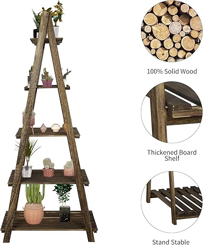 Miniatura 4 de Estante de escalera, estantes de madera para plantas de 5 niveles, estante de exhibición de flores rústicas, estante de almacenamiento