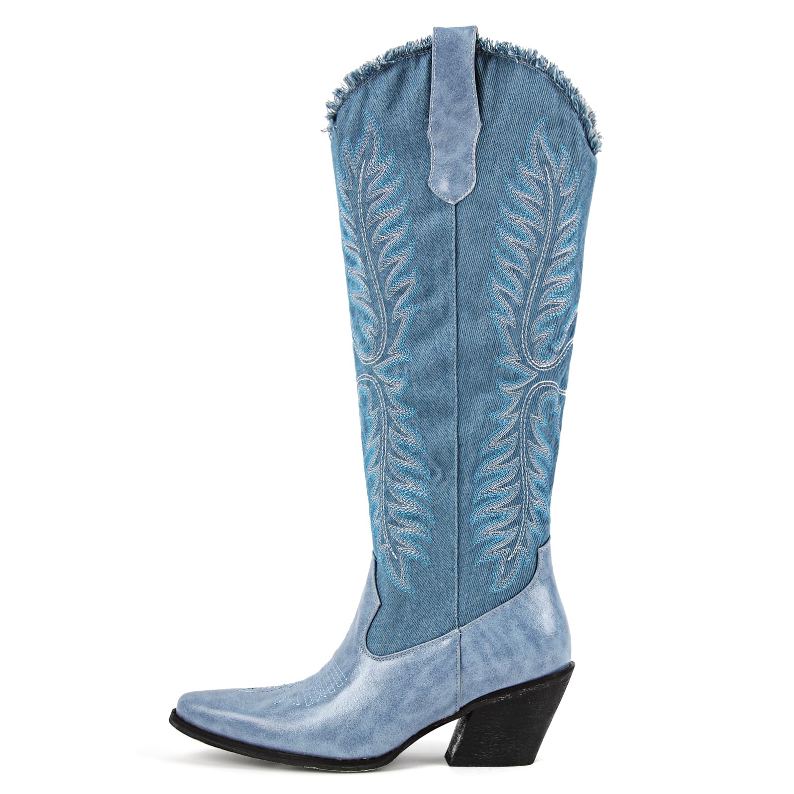 sexytag Denim Knee High Cowgirl Boots for Women Embroidered Cowboy Boots Distressed Side Zipper Pointed Toe Western Boot