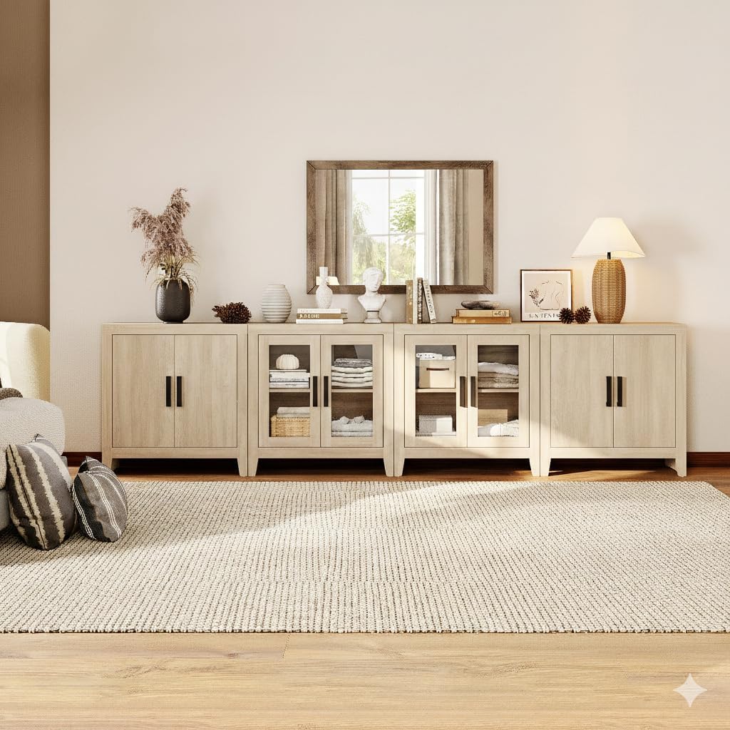 WAMPAT TV Stand for TVs up to 110 inch, Farmhouse Entertainment Center with Storage, Wood Media Console with Glass Doors and Closed Cabinets, Rustic TV Cabinet with Adjustable Shelves, Beige