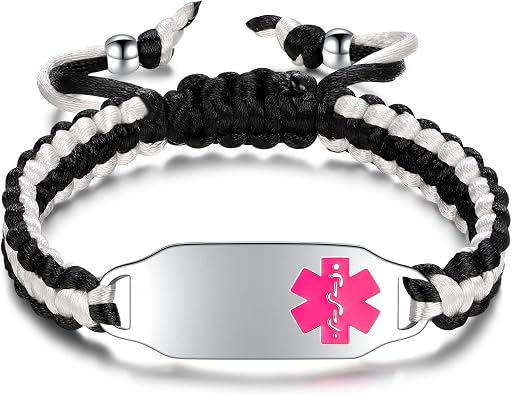 Medical ID Bracelets for Women & Men | Custom Medical Bracelets for Women with Handmade Cotton Rope | Free Engraved Medical Alert ID Bracelets for Men with Stainless Steel Black ID Tag