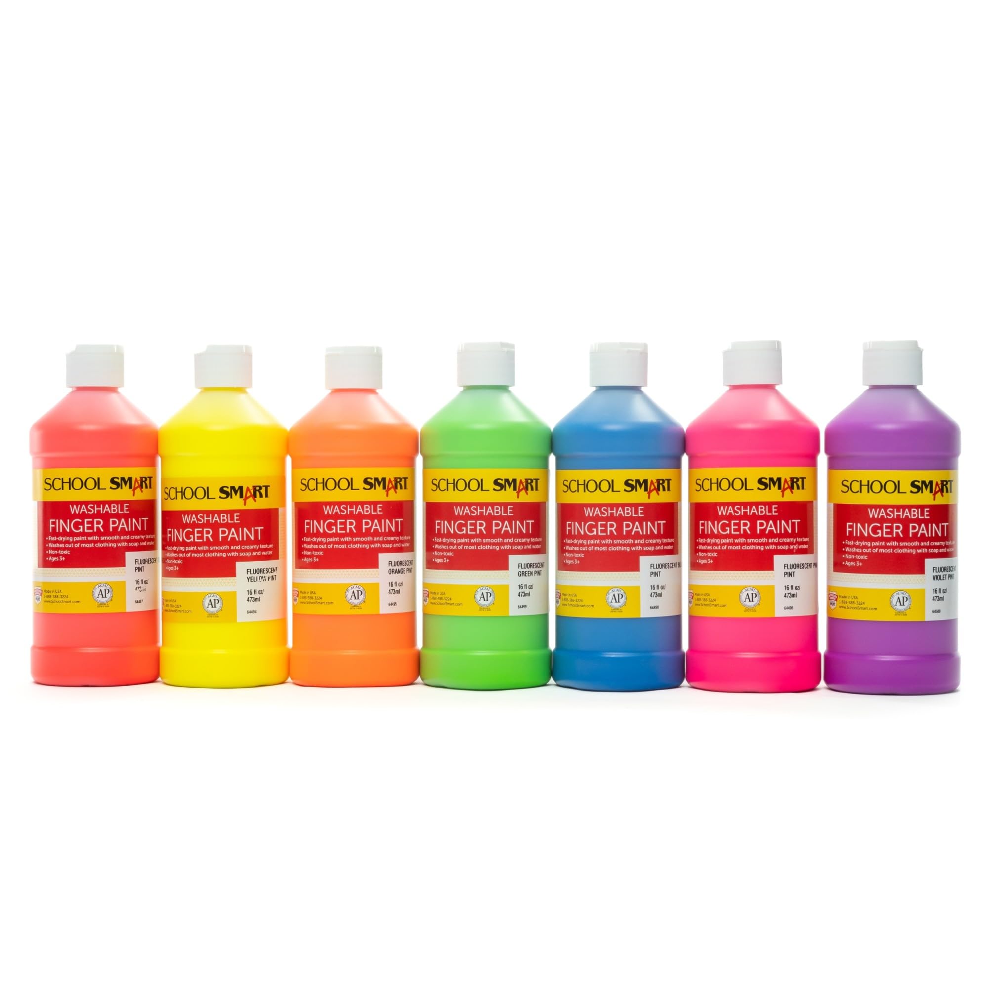 School Smart Washable Finger Paints, 16 Ounces Each, Assorted Neon Colors, Set of 7