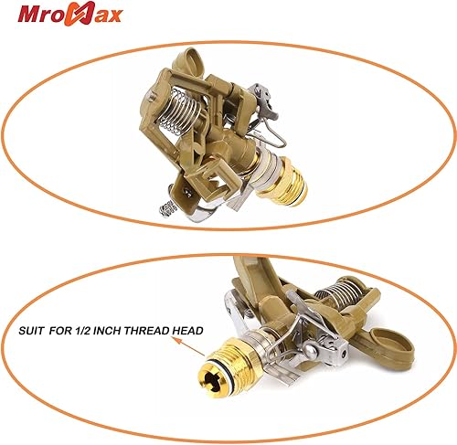 Miniatura 6 de MroMax Cabezal de aspersor de impacto de aleación de zinc, cabezal de rociador resistente con boquillas, aspersores de jardín ajustables de 360