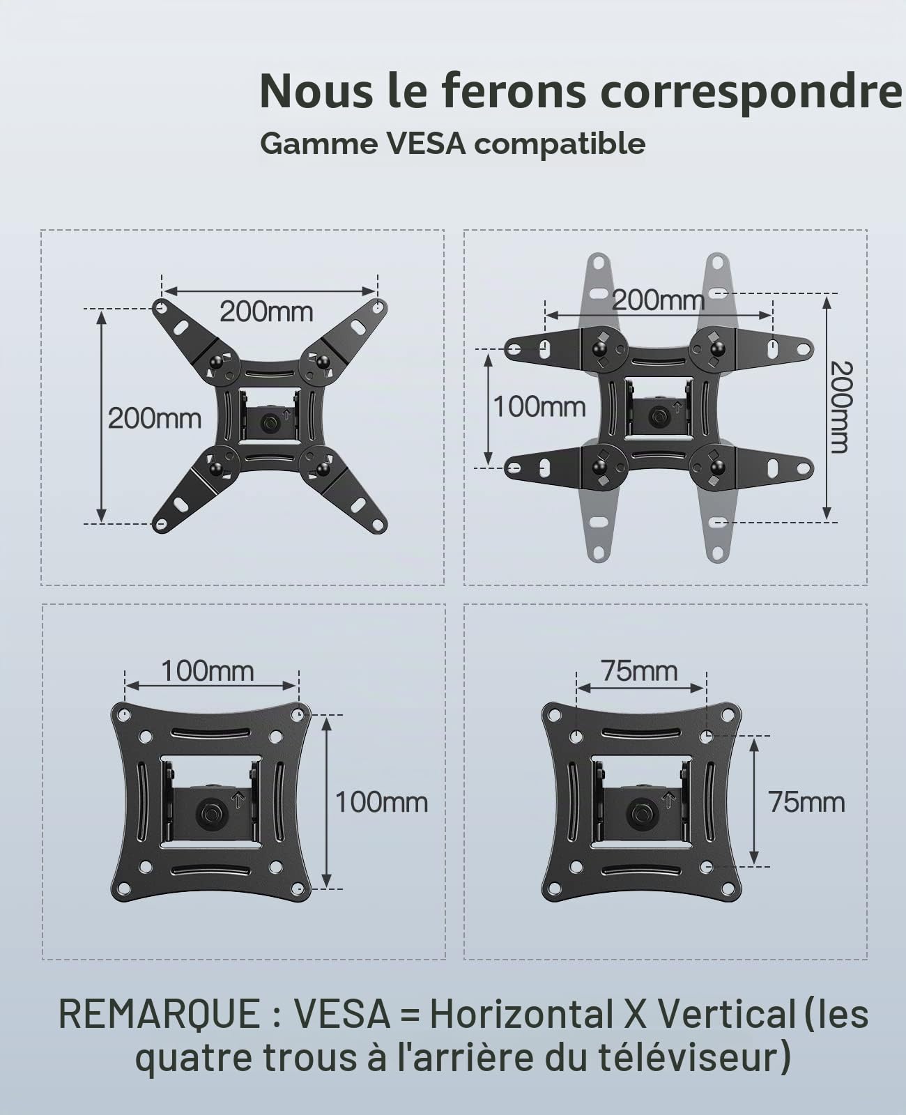 PERLESMITH Support Mural TV 13-42 Pouces 20KG Orientable Inclinable Rotation 360° Bras Accroche TV VESA 200x200mm
