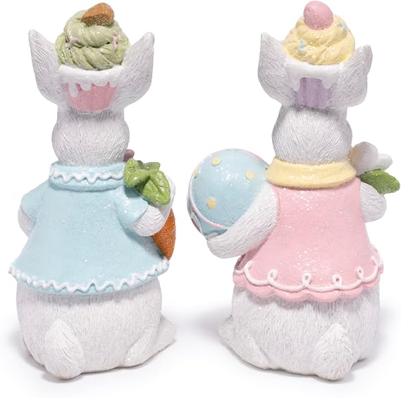 Hodao Easter Bunny Figurines Set of 2 Decor, Spring Decorative Rabbit Couple with Colorful Cake, and Easter Eggs Tabletop Home Decoration for Living Room, Entryway