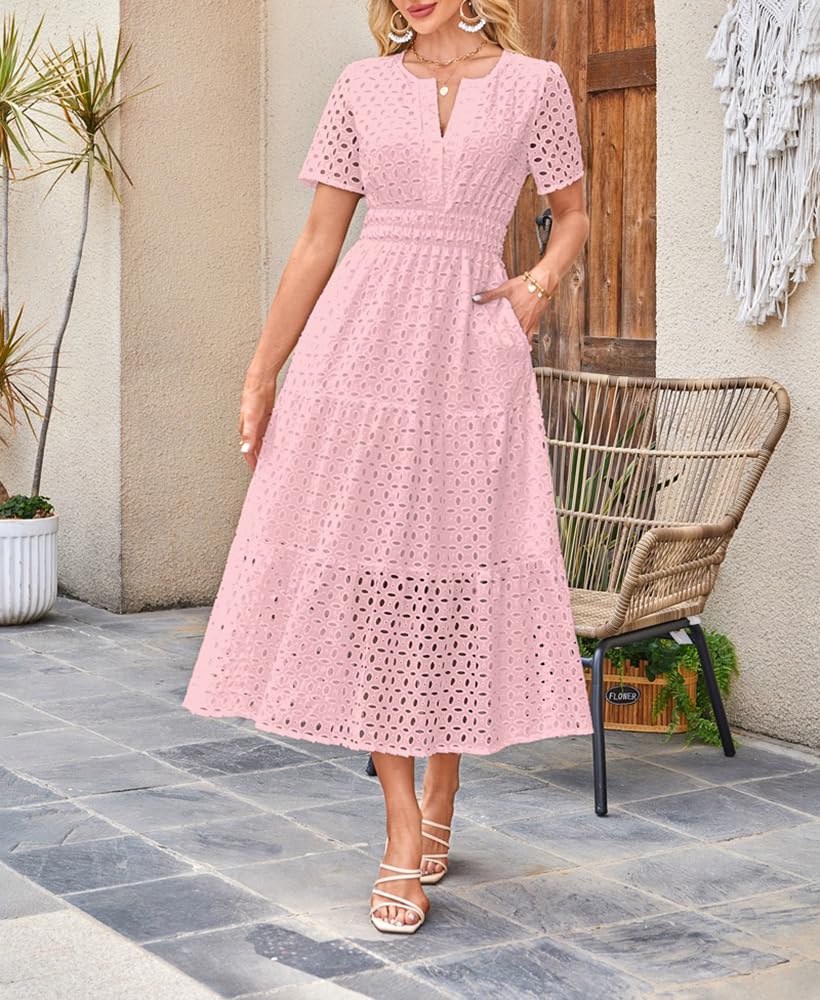 Vestido Largo de Verano de Manga Corta para Mujer, Informal, con Escote en V, Aberturas, Ojales, Cintura Alta, Volantes, Corte A, Fluido
