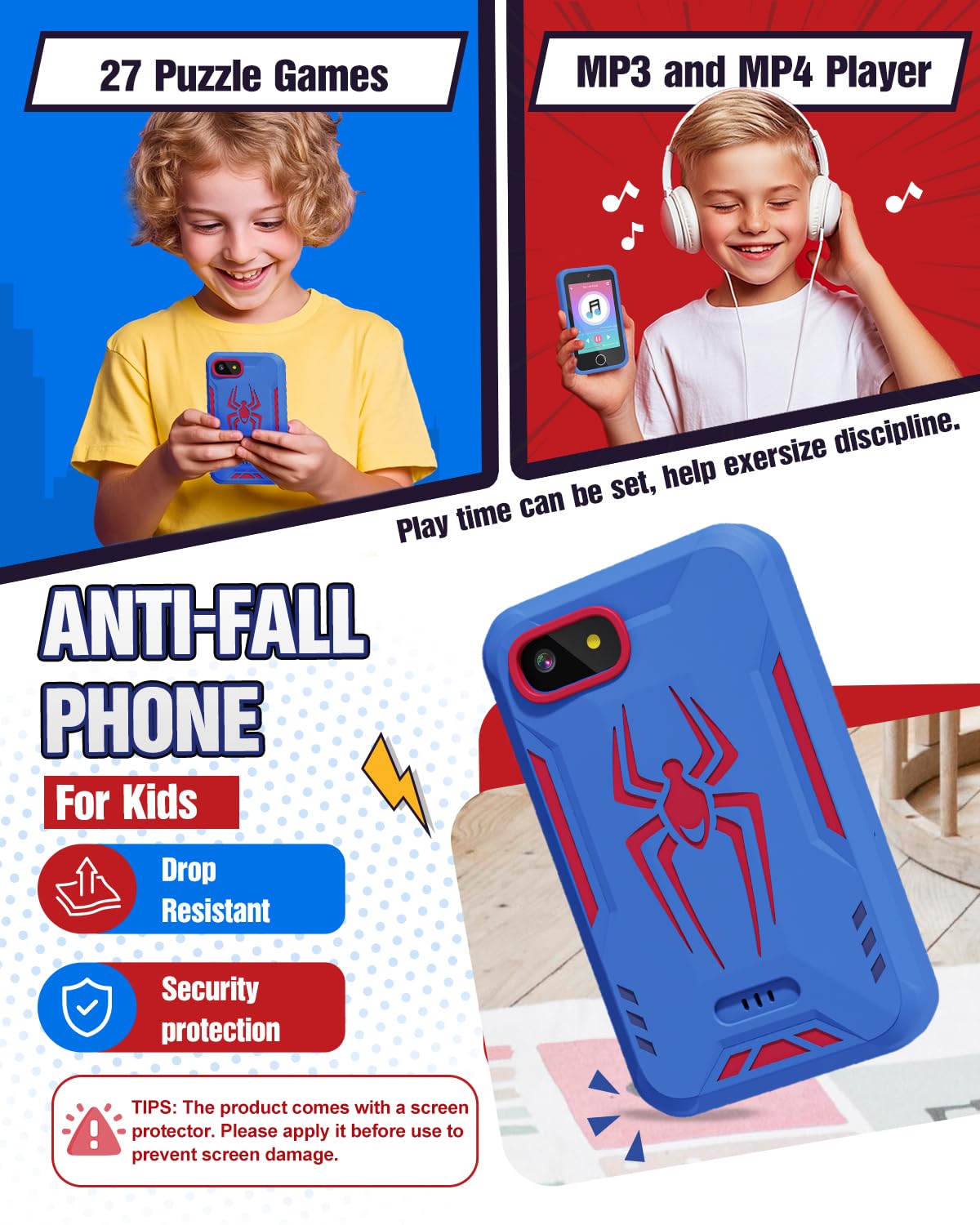 Teléfono inteligente para niños, teléfono de juguetes de araña para niños de 3, 4, 5, 6, 7, 8 años, cámara doble, pantalla táctil de 3.5 pulgadas, juguete educativo para niños pequeños, regalos de 7