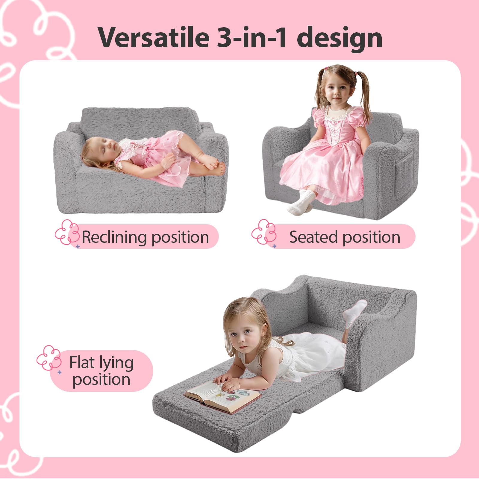 Poltroncina per Bambini 2 in 1, Poltrona Bambini Pieghevole, Poltroncina Bimbi Con Rivestimento Sfoderabile, Poltrona Bambina Bambino