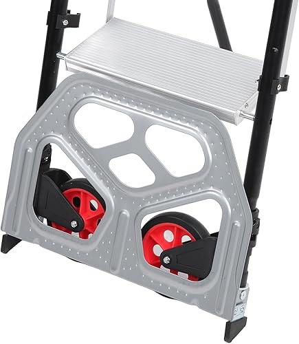Miniatura 5 de Taburete de 3 escalones, taburete plegable de aleación de aluminio 2 en 1, carrito de mano plegable, carrito antideslizante con ruedas para oficina,