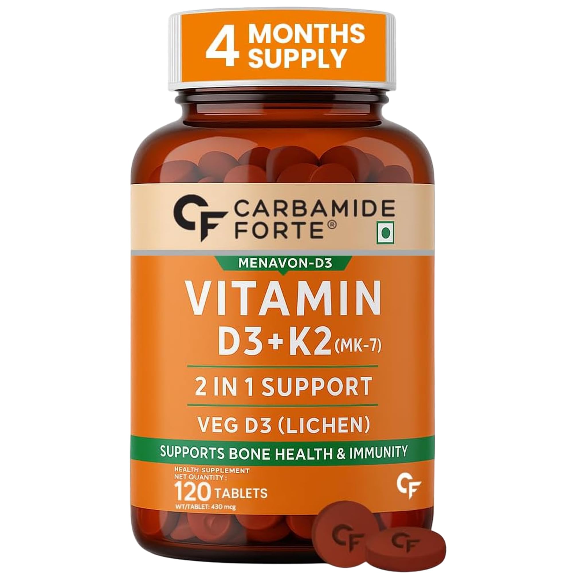 Carbamide Forte Vitamin D3 K2 | Vitamin K2 MK7 Supplement for Bone & Heart Health | Vitamin d for women & men | vitamin k2 and d3 supplements -120 Veg Tablets