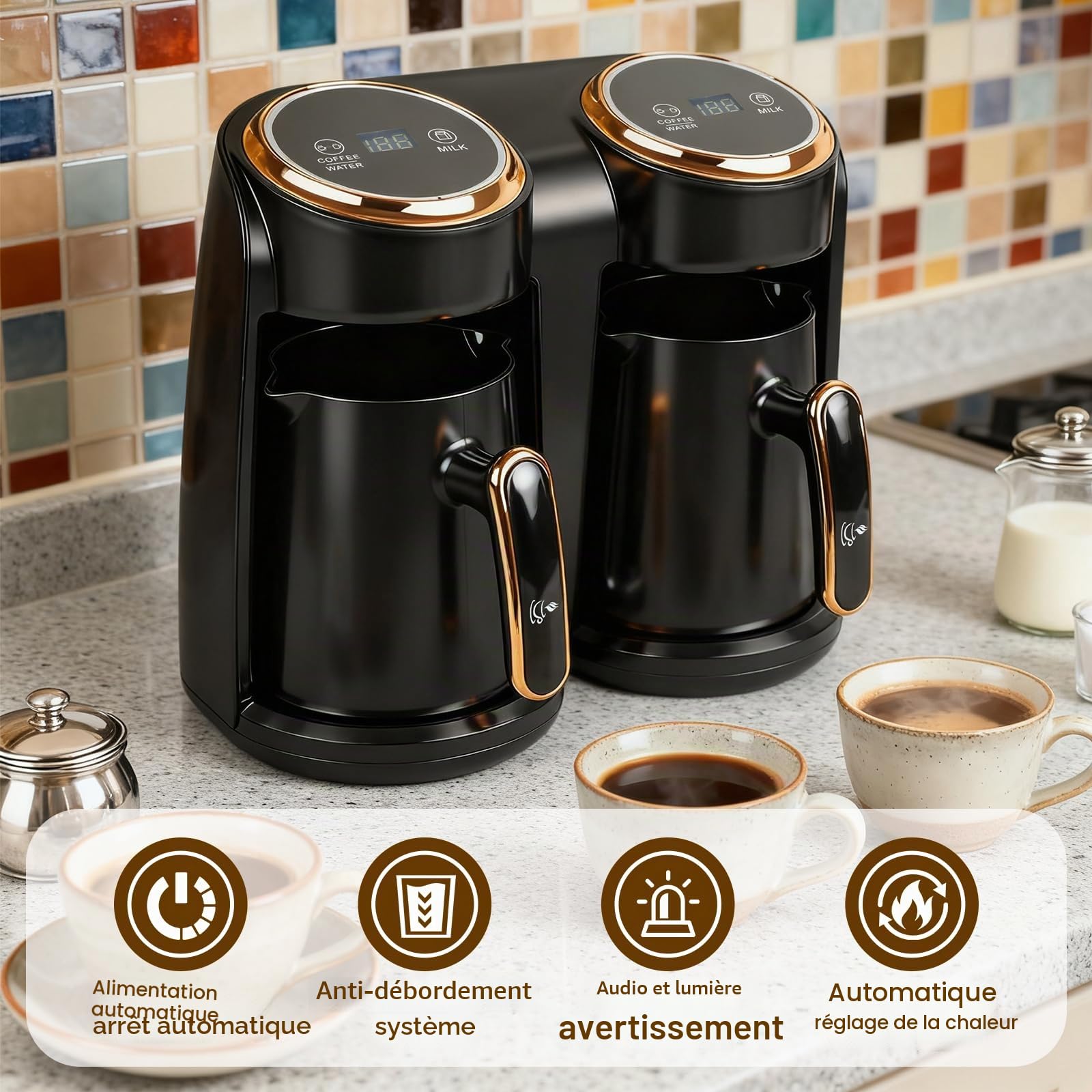 Cafetière turque, 600 W, cafetière turque avec double système de chauffage, protection contre le débordement et protection contre l'ébullition à sec, 300 + 300 ml (1 à 8 tasses)