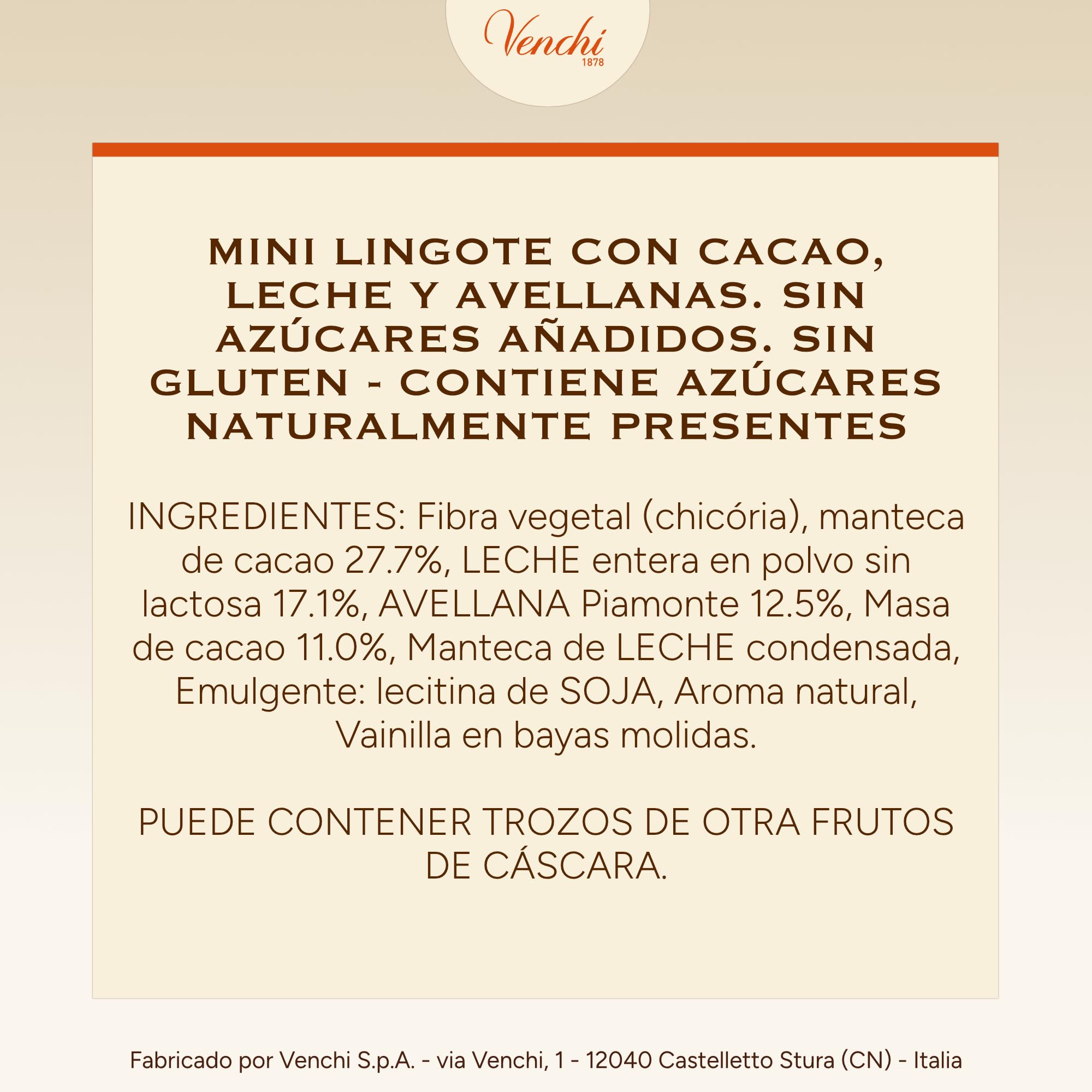 Venchi - Minilingote de Chocolate con Leche con Avellanas -70 % Azúcares - Bombón con Avellanas del Piamonte IGP Enteras, 1 kg - Sin Gluten