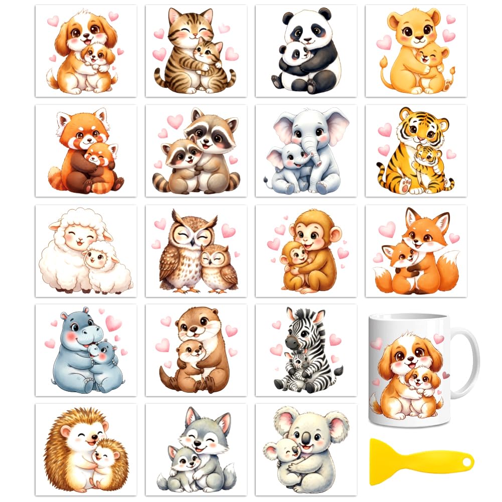 Peacoblue 18 Sheets Rub On Transfers for Crafts, Mother and Baby Animal 3.6"x3.9" UV DTF Cup Wrap Waterproof Cold Transfers Stickers for Wood Glass Cup Tumblers Mirrors Mugs Home Decor