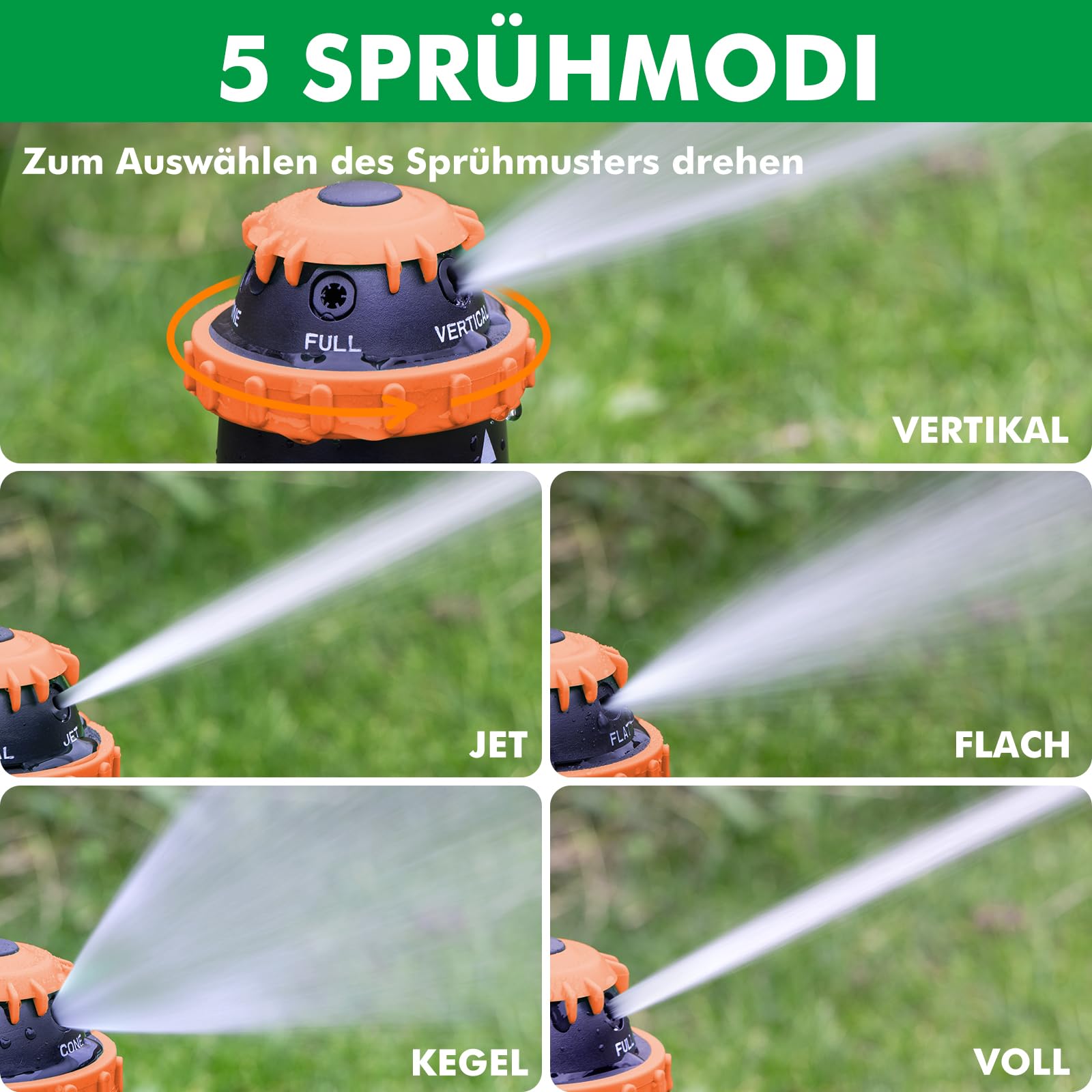 RESTMO Getriebe-Sprinkler mit Metallspike-Basis – Rasensprenger für große Flächen, 5 Muster, Bewässerungssystem für Rasen & Beete, Gartensprinkler, Reichweite 15 m, 180 m² Abdeckung, Grün, Orange