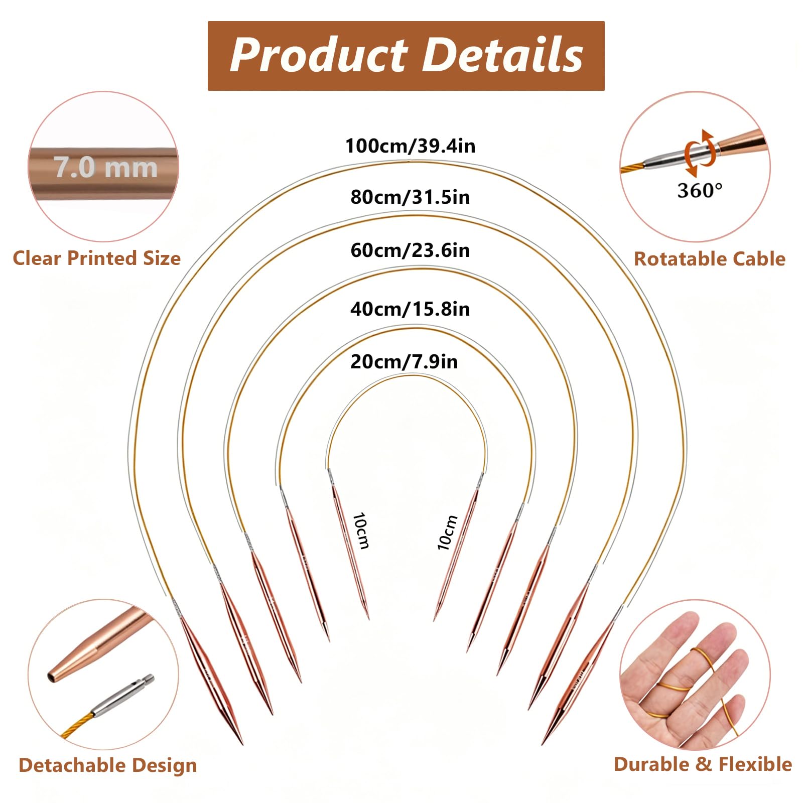 LYMIGER 13 Paar austauschbare Rundstricknadeln, 10,2 cm, Stricknadel-Set, Aluminium, 3–10 mm mit 20 cm, 40 cm, 60 cm, 80 cm, 100 cm Kabeln, Strickzubehör und Etui, Roségold