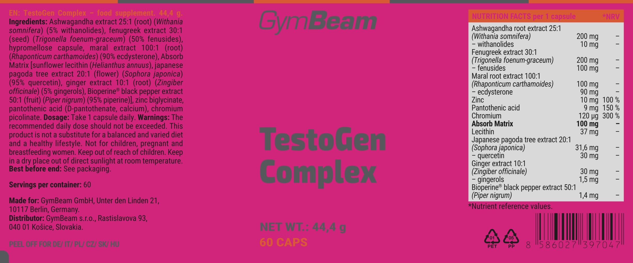 GymBeam Testogen Complex - Testobooster con Zinco, Ashwagandha e 10 Ingredienti Attivi - Supporto Testosterone, Energia e Vitalità - Riduce Stanchezza - Capsule Vegane
