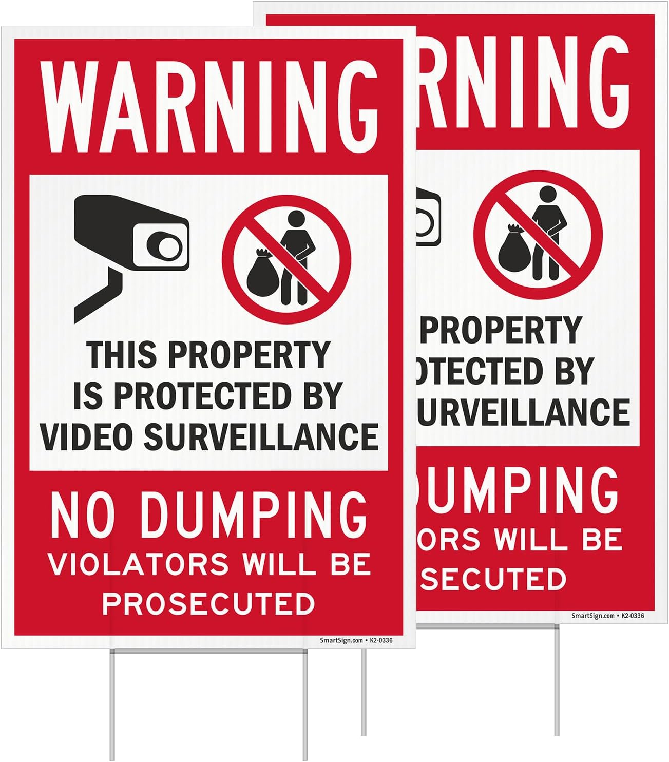 SmartSign 12" x 18" (2-Pack) No Dumping Yard Sign with 15" Metal H-Stake, Double Sided Property Protected by Camera Sign, 160 mil Thick Corrugated Plastic Lawn Signs, Water Resistant