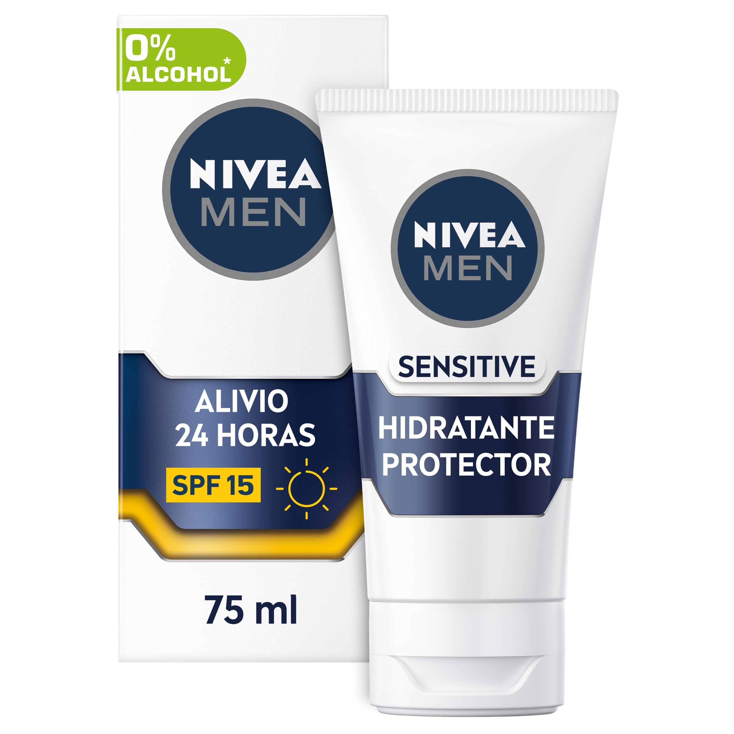 NIVEA MEN Sensitive Hidratante Protector FP15 (1 x 75 ml), 0% alcohol antirritación crema facial hidratante para hombres con piel sensible, con protector solar FP15