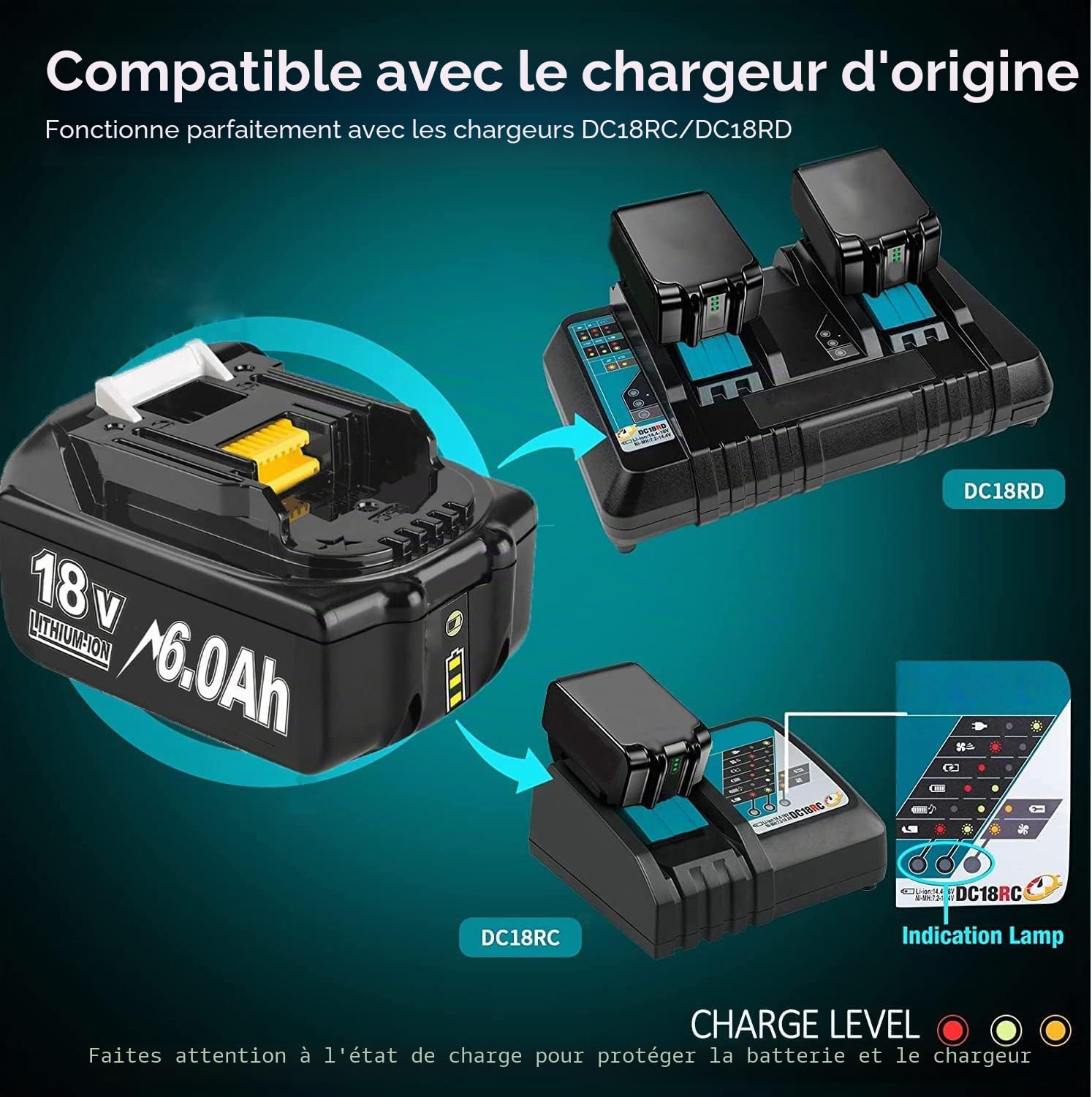 Lot de 2 Batteries de Rechange, 18V, 8.0Ah pour BL1860B BL1850B, BL1840, BL1830, BL1860B, BL1815, BL1835, BL1850B, BL1845, BL1850, BL1860B, 194205-3, LXT-400, avec Batterie LED