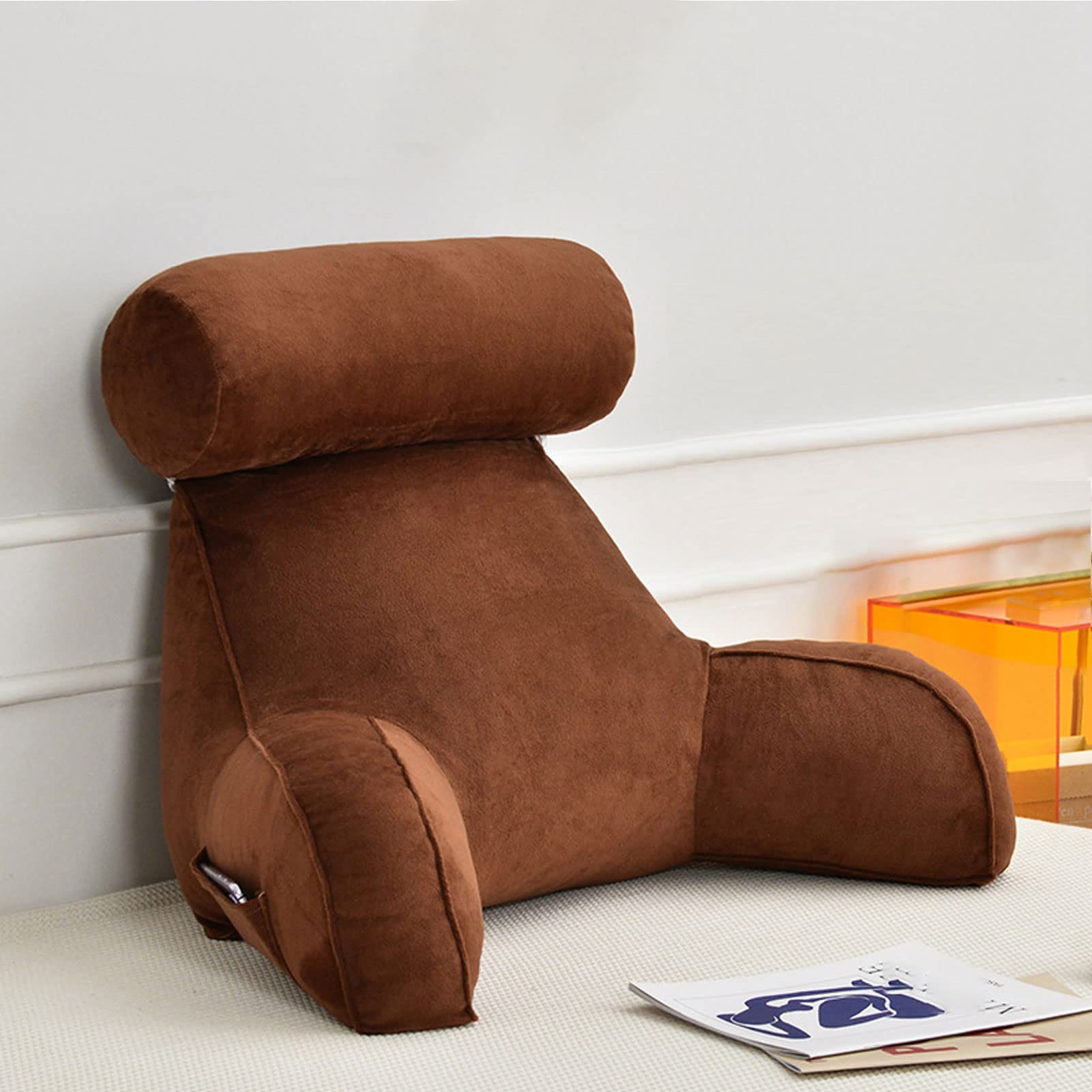 Cómoda almohada de lectura con reposabrazos y respaldo para cama, rollo de cuello desmontable, ideal para leer, relajarse, ver la televisión, apoyo definitivo para descansar.