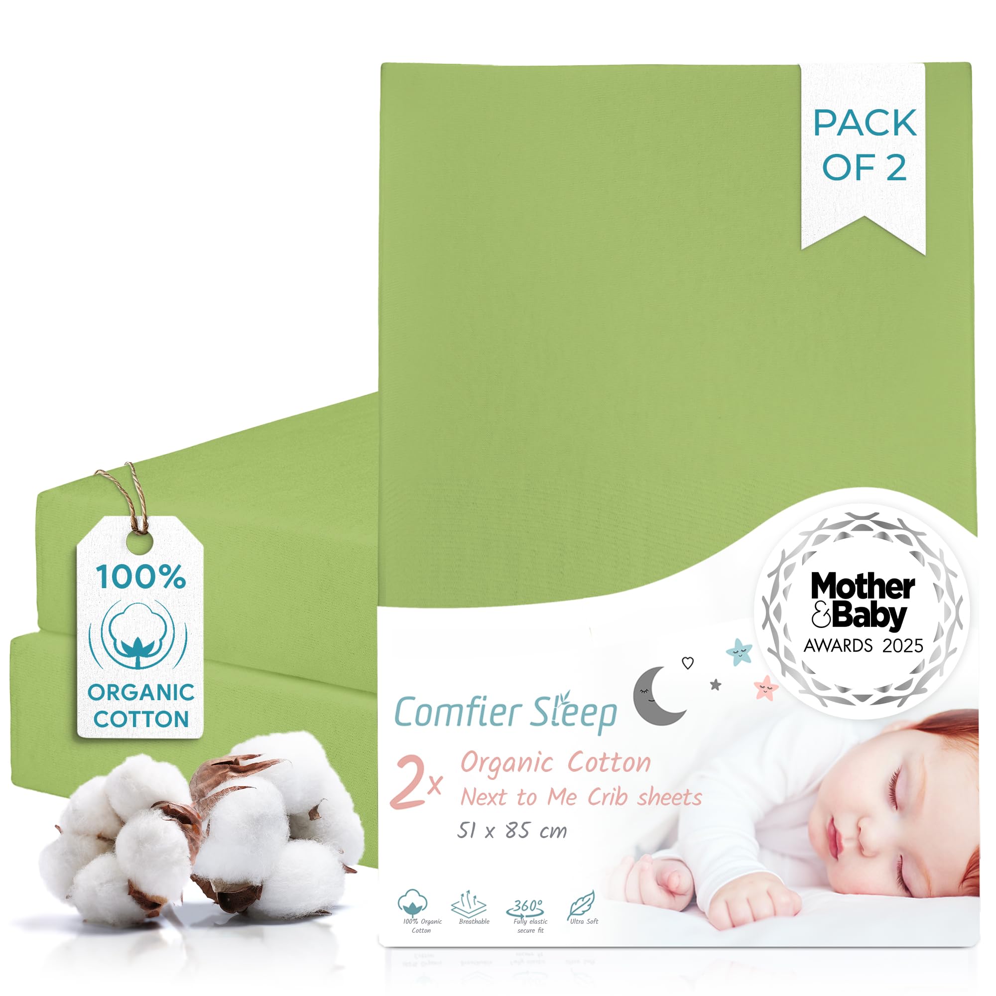 Next To Me Crib Sheets 51x85cm – Award-Winning 2 Pack 100% Organic Cotton Grey Bedside Crib Fitted Sheets – Soft Breathable Tutti Bambini CoZee Fitted Sheets for Daily Use — view 29