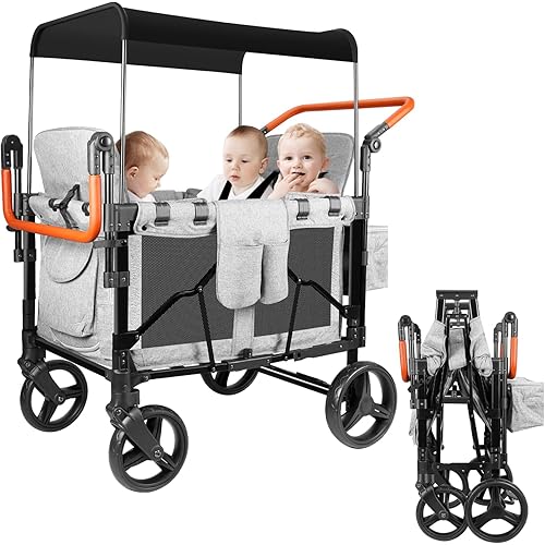 Deluxe Stroller Wagon for 4 Kids, Foldable 4 Passenger Quad Seater with Adjustable Canopy, 5 Point Harness, Two Adjustable Handlebars (Grey)