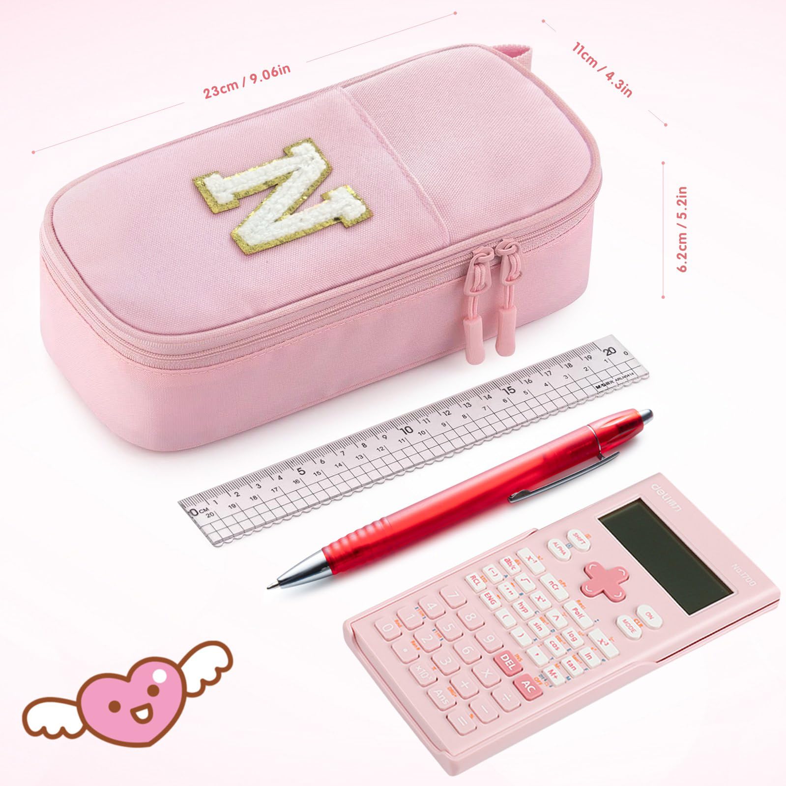 Idefair Cute Pencil Case, Preppy Pencil Pouch Aesthetic Pen Case with Finger Loop, Large Capacity Pencil Bag with Double Zipper School Supplies for Girls (Pink, Letter B)